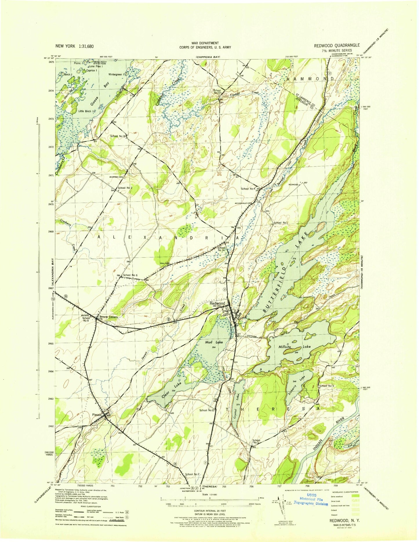 Classic USGS Redwood New York 7.5'x7.5' Topo Map Image