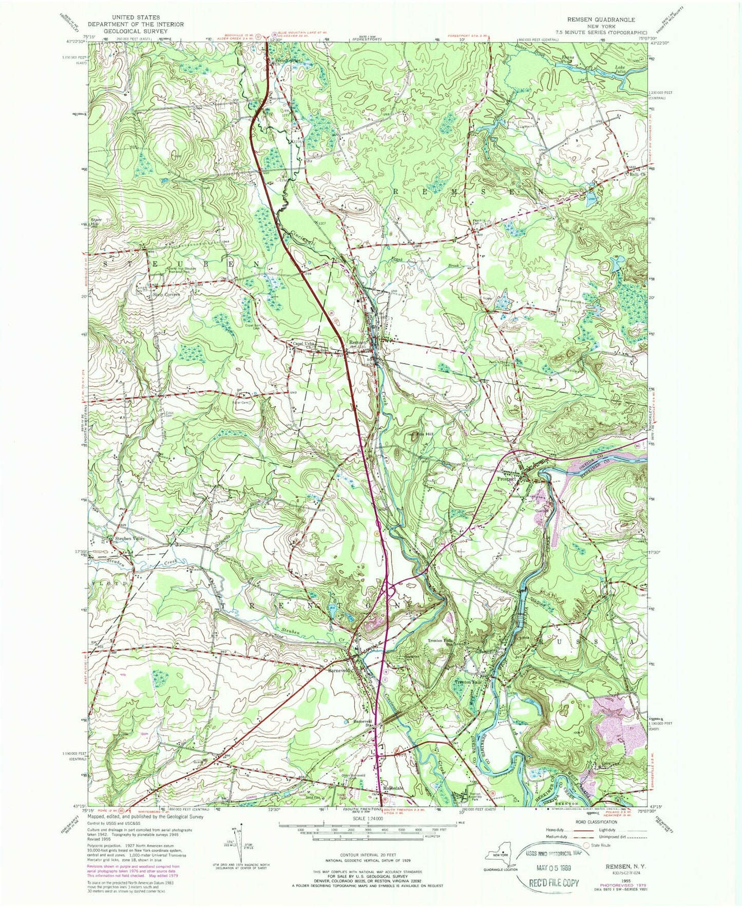 Classic USGS Remsen New York 7.5'x7.5' Topo Map Image