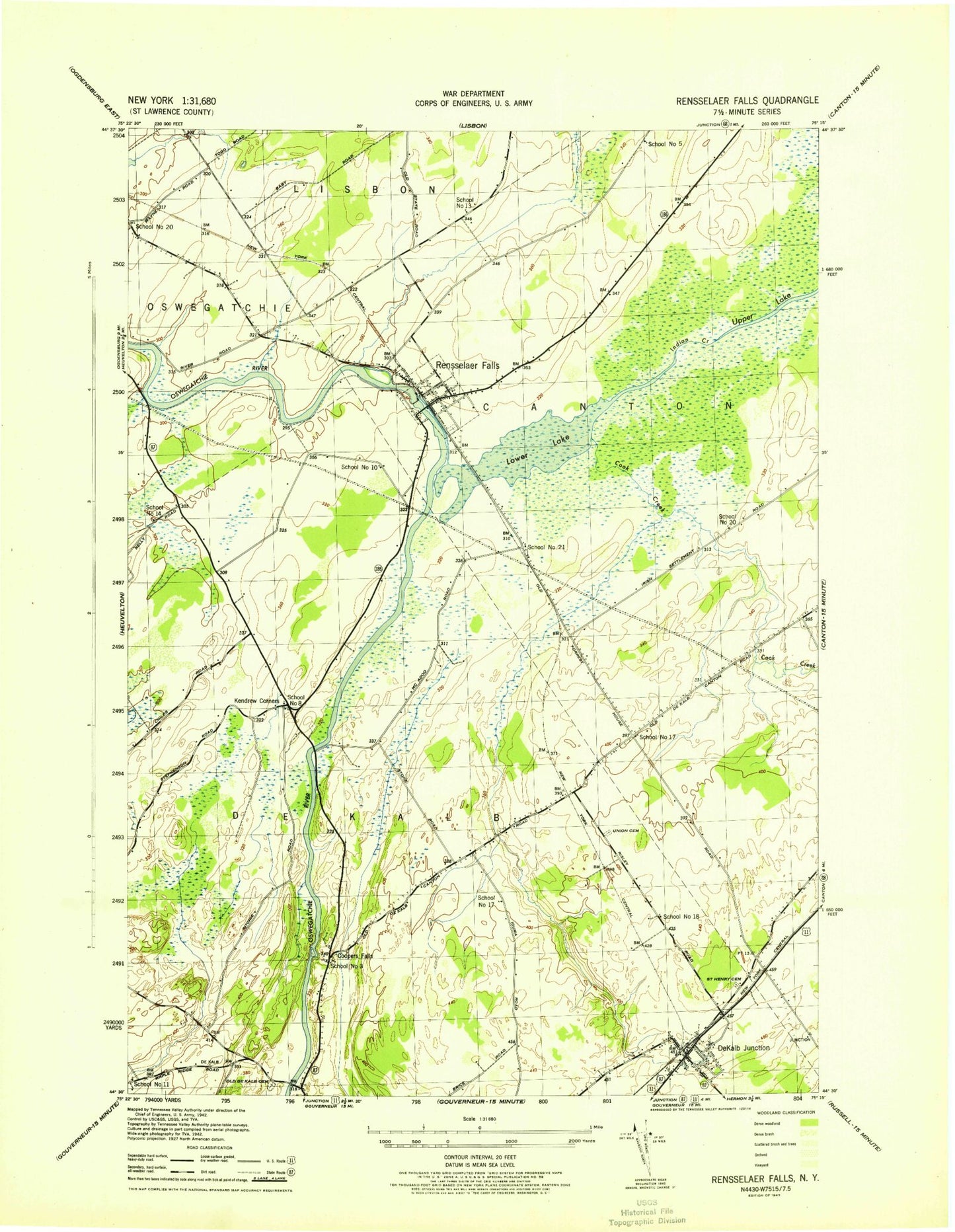 Classic USGS Rensselaer Falls New York 7.5'x7.5' Topo Map Image