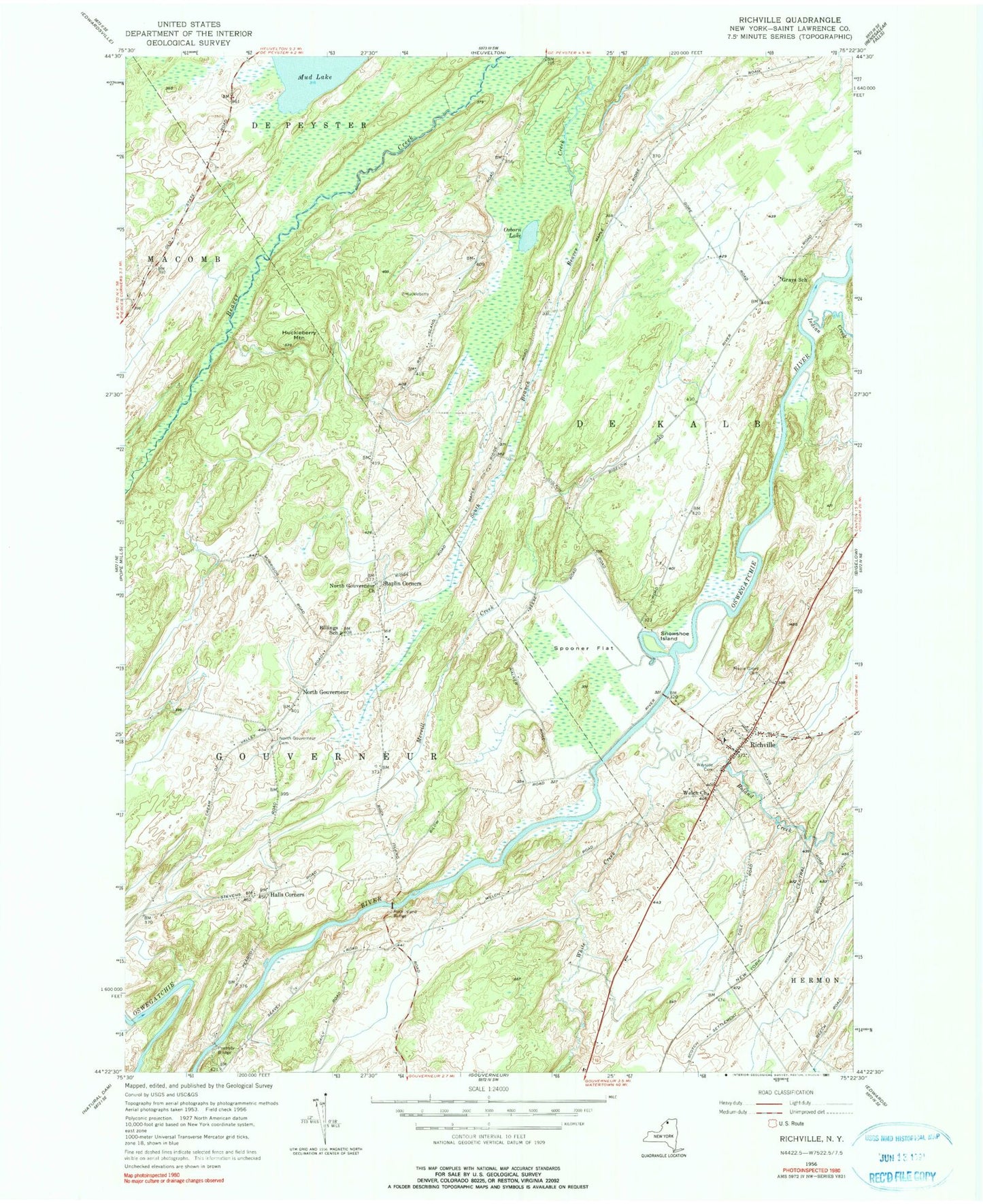 Classic USGS Richville New York 7.5'x7.5' Topo Map Image
