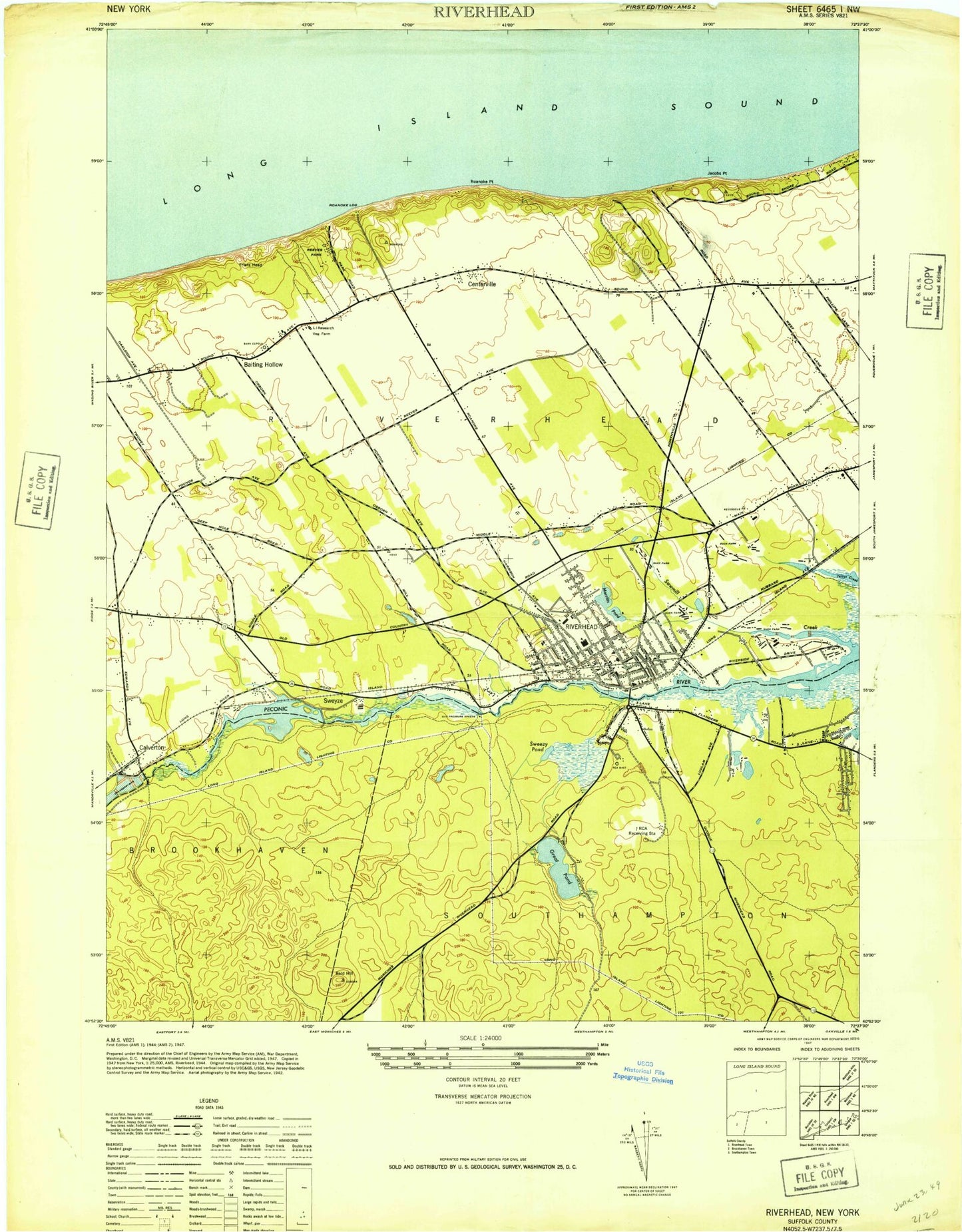Classic USGS Riverhead New York 7.5'x7.5' Topo Map Image