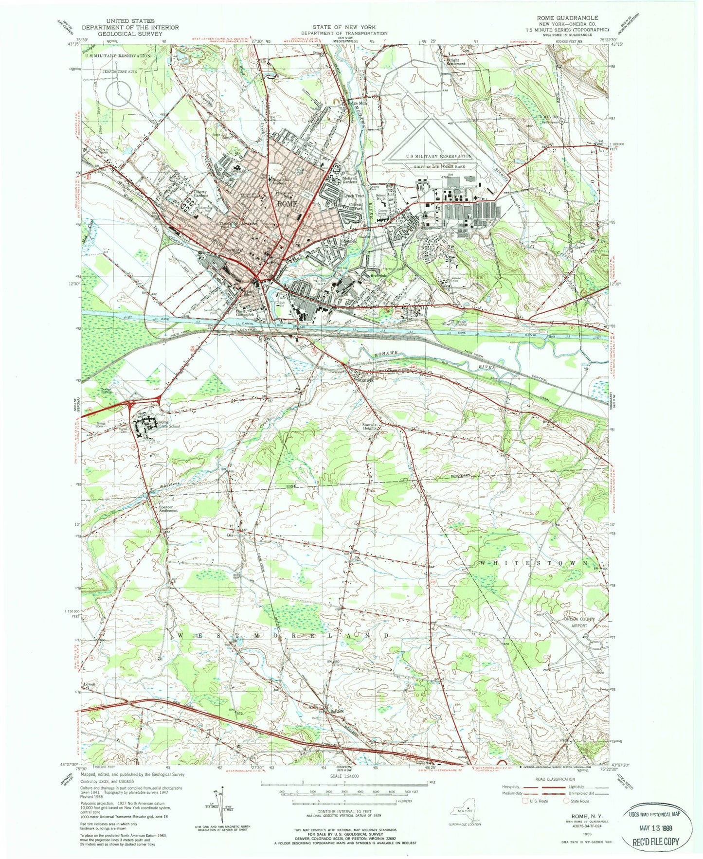 Classic USGS Rome New York 7.5'x7.5' Topo Map Image