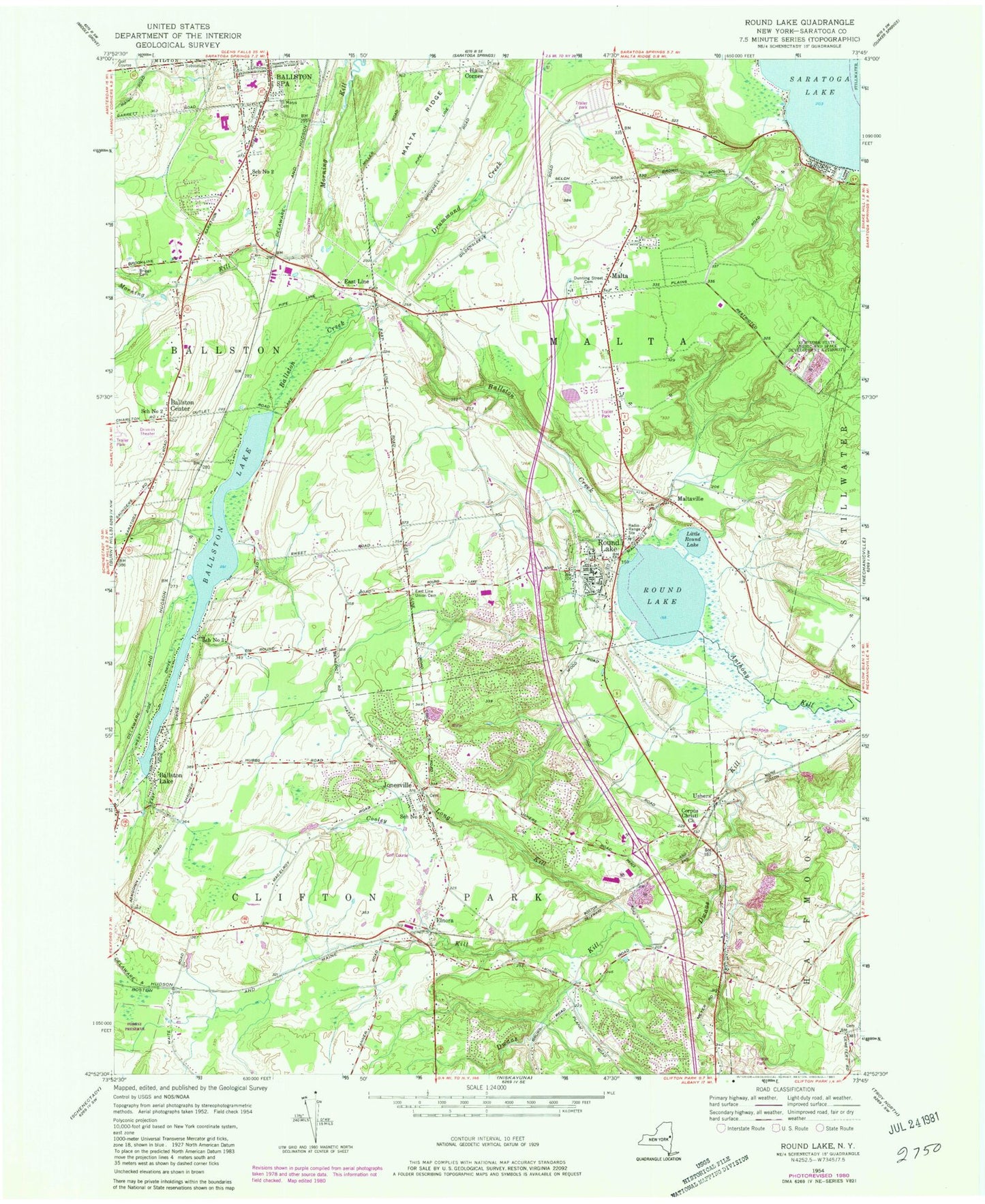 Classic USGS Round Lake New York 7.5'x7.5' Topo Map Image