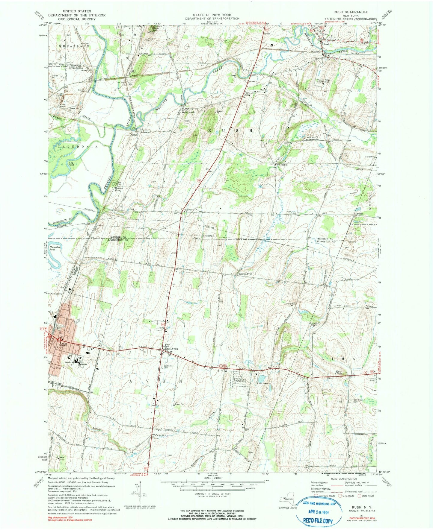 Classic USGS Rush New York 7.5'x7.5' Topo Map Image