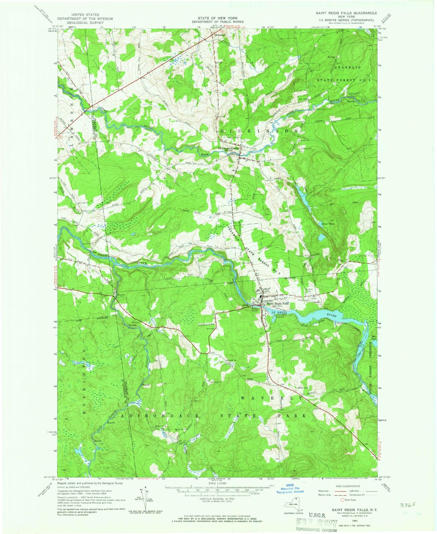 Classic USGS Saint Regis Falls New York 7.5'x7.5' Topo Map Image