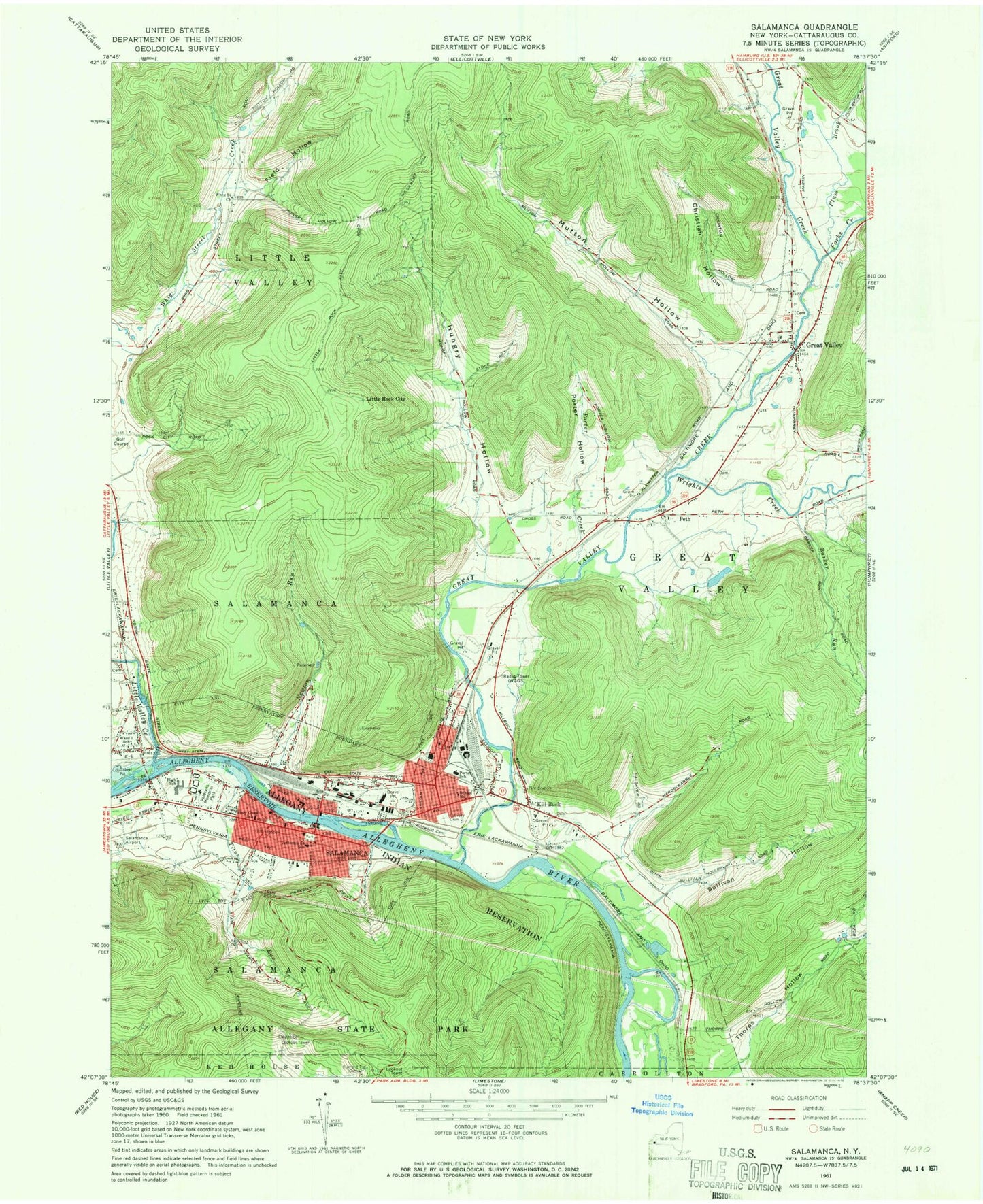Classic USGS Salamanca New York 7.5'x7.5' Topo Map Image