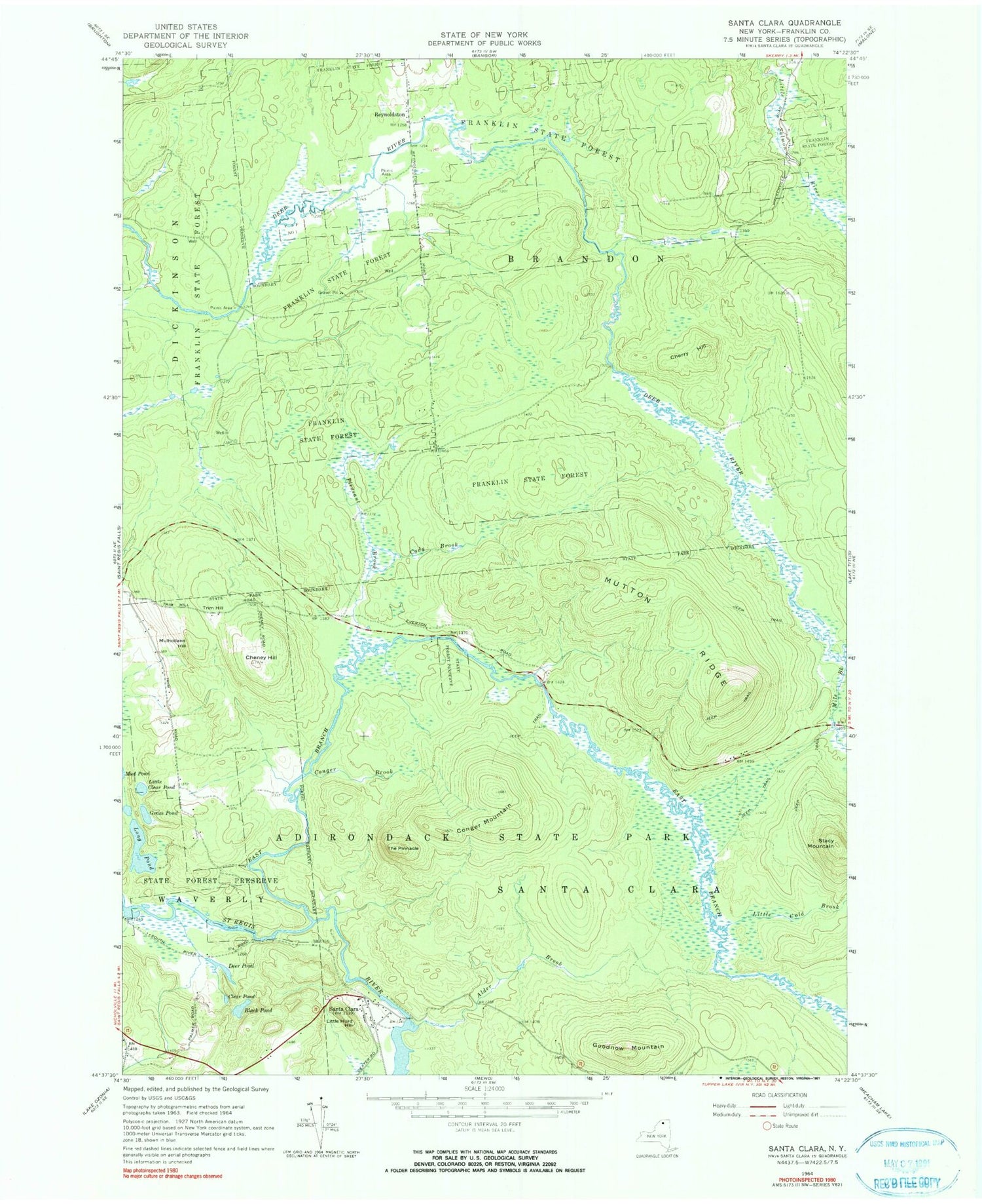 Classic USGS Santa Clara New York 7.5'x7.5' Topo Map Image