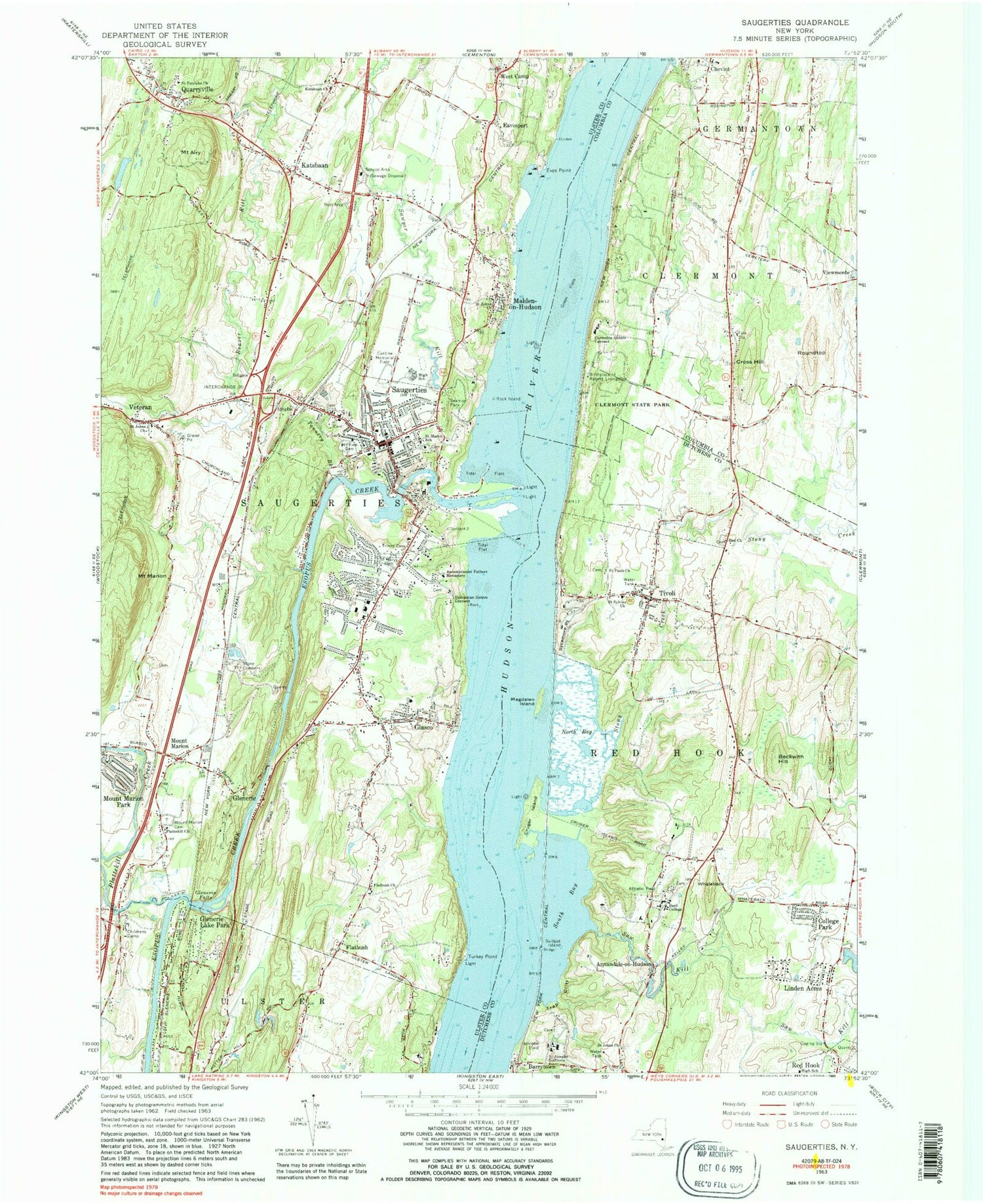 Classic USGS Saugerties New York 7.5'x7.5' Topo Map Image