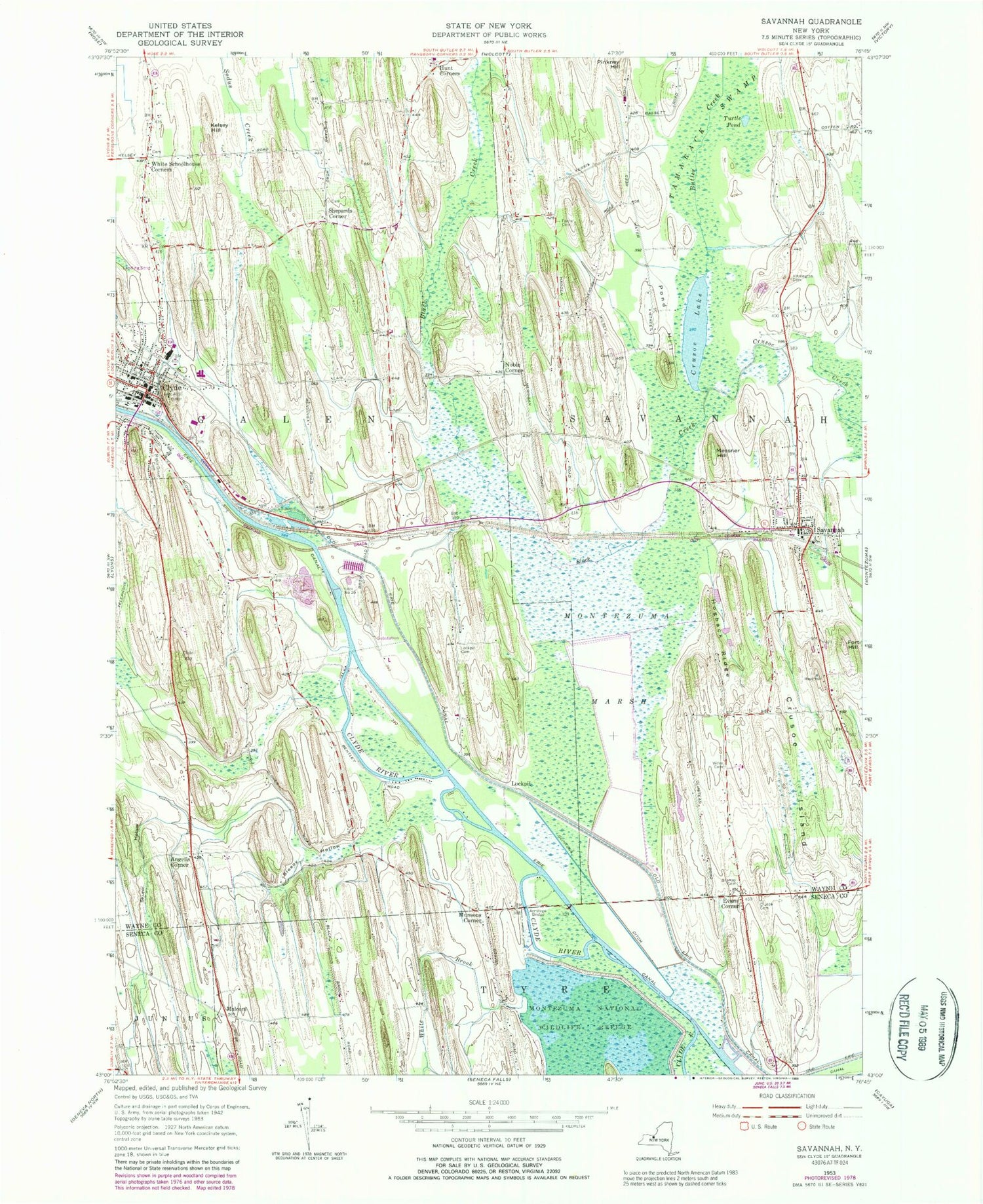 Classic USGS Savannah New York 7.5'x7.5' Topo Map Image