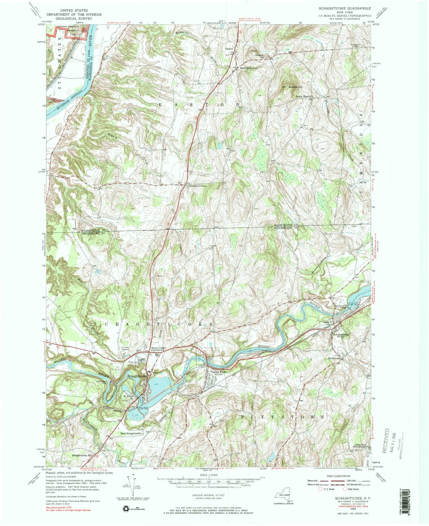 Classic USGS Schaghticoke New York 7.5'x7.5' Topo Map Image