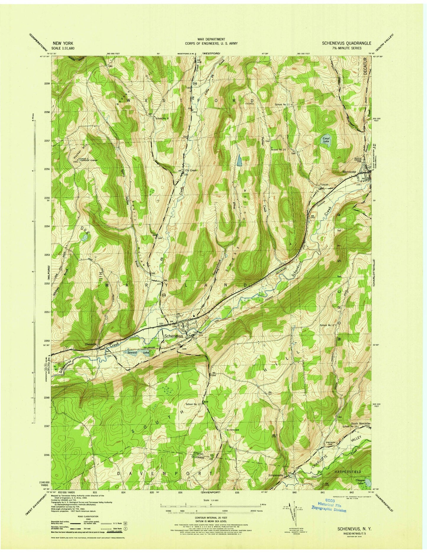 Classic USGS Schenevus New York 7.5'x7.5' Topo Map Image