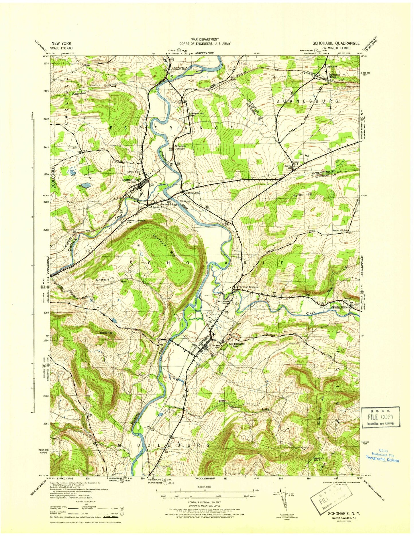Classic USGS Schoharie New York 7.5'x7.5' Topo Map Image
