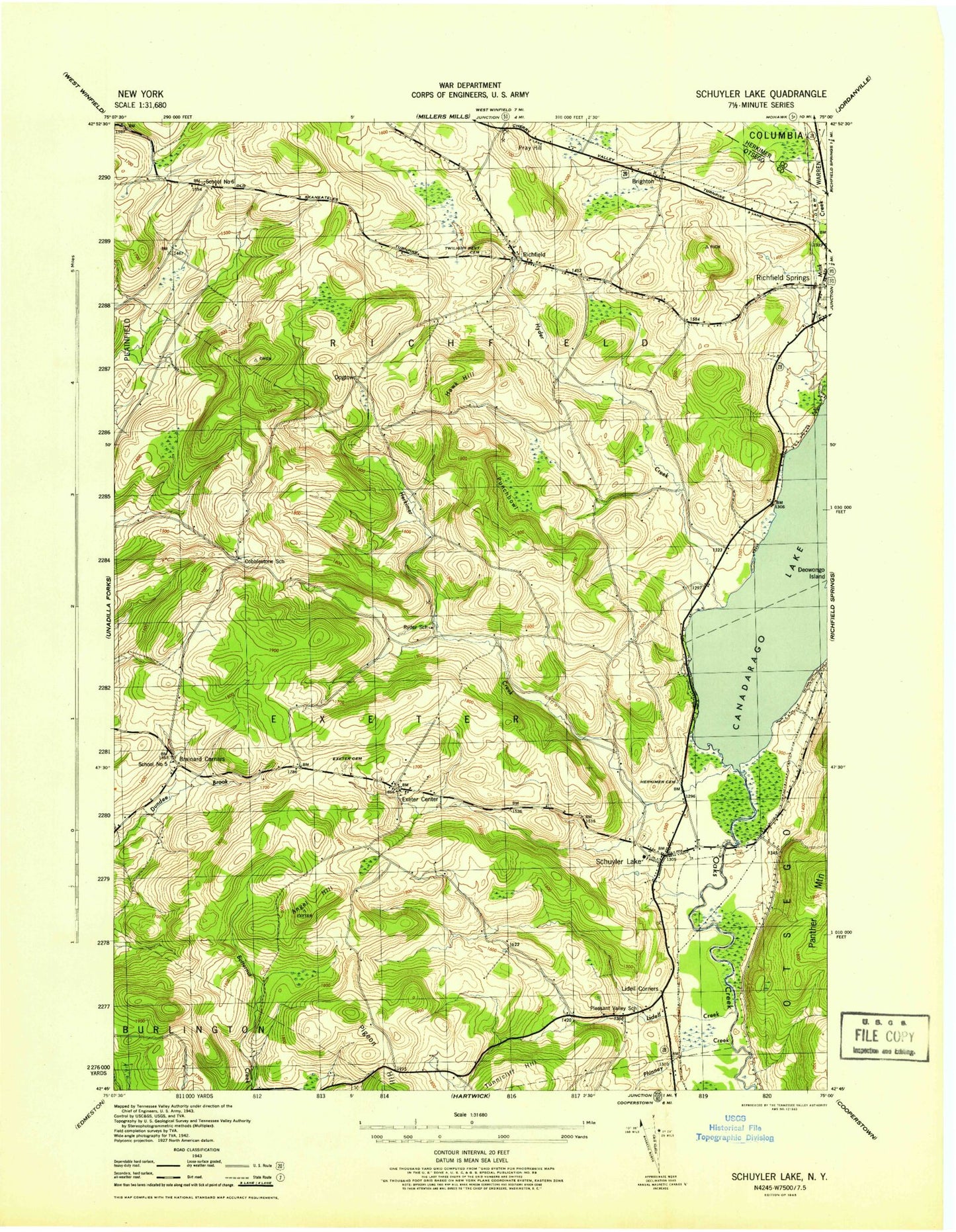 Classic USGS Schuyler Lake New York 7.5'x7.5' Topo Map Image