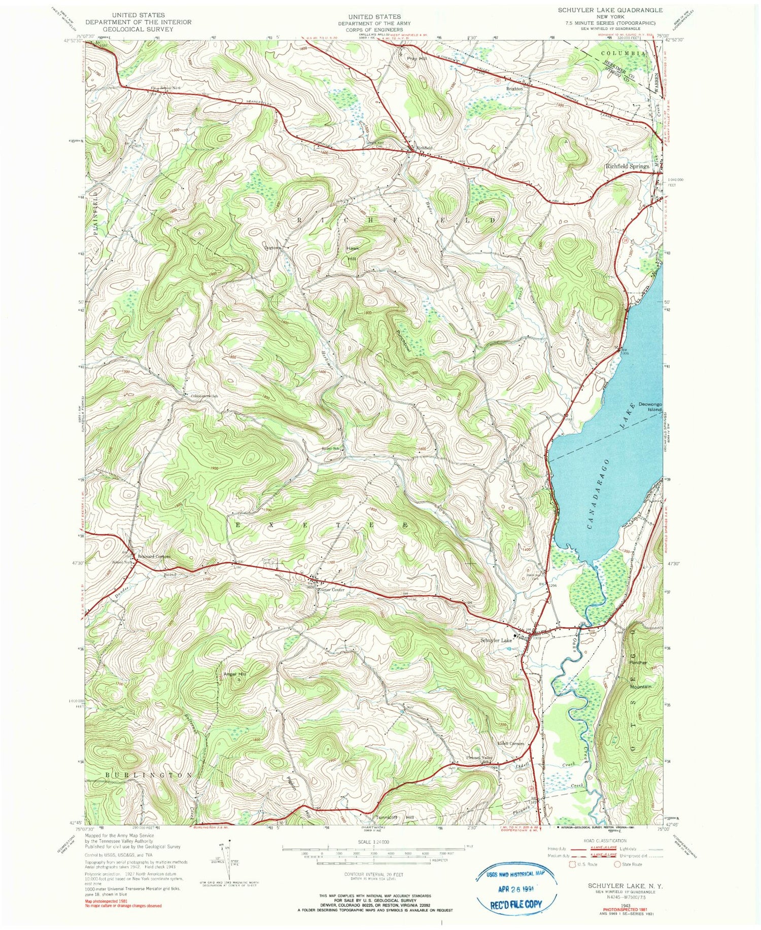 Classic USGS Schuyler Lake New York 7.5'x7.5' Topo Map Image