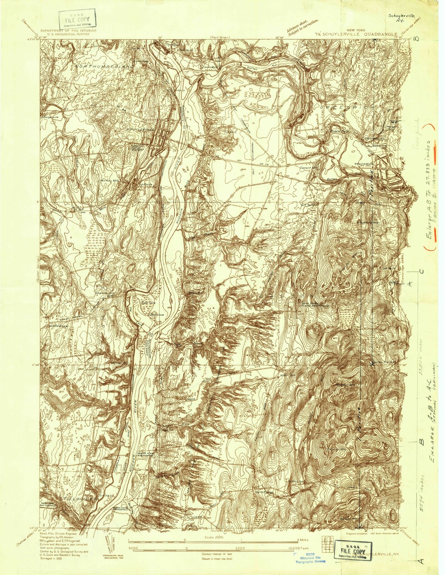 Classic USGS Schuylerville New York 7.5'x7.5' Topo Map Image