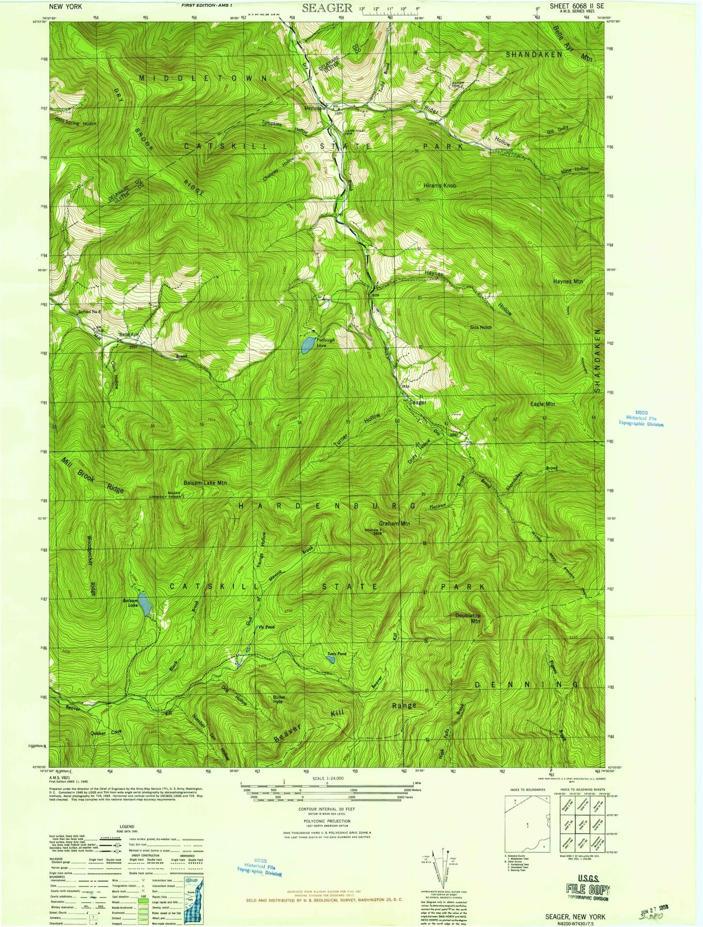 Classic USGS Seager New York 7.5'x7.5' Topo Map Image