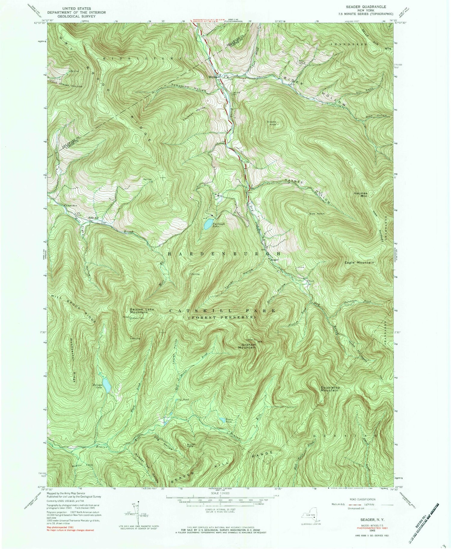 Classic USGS Seager New York 7.5'x7.5' Topo Map Image