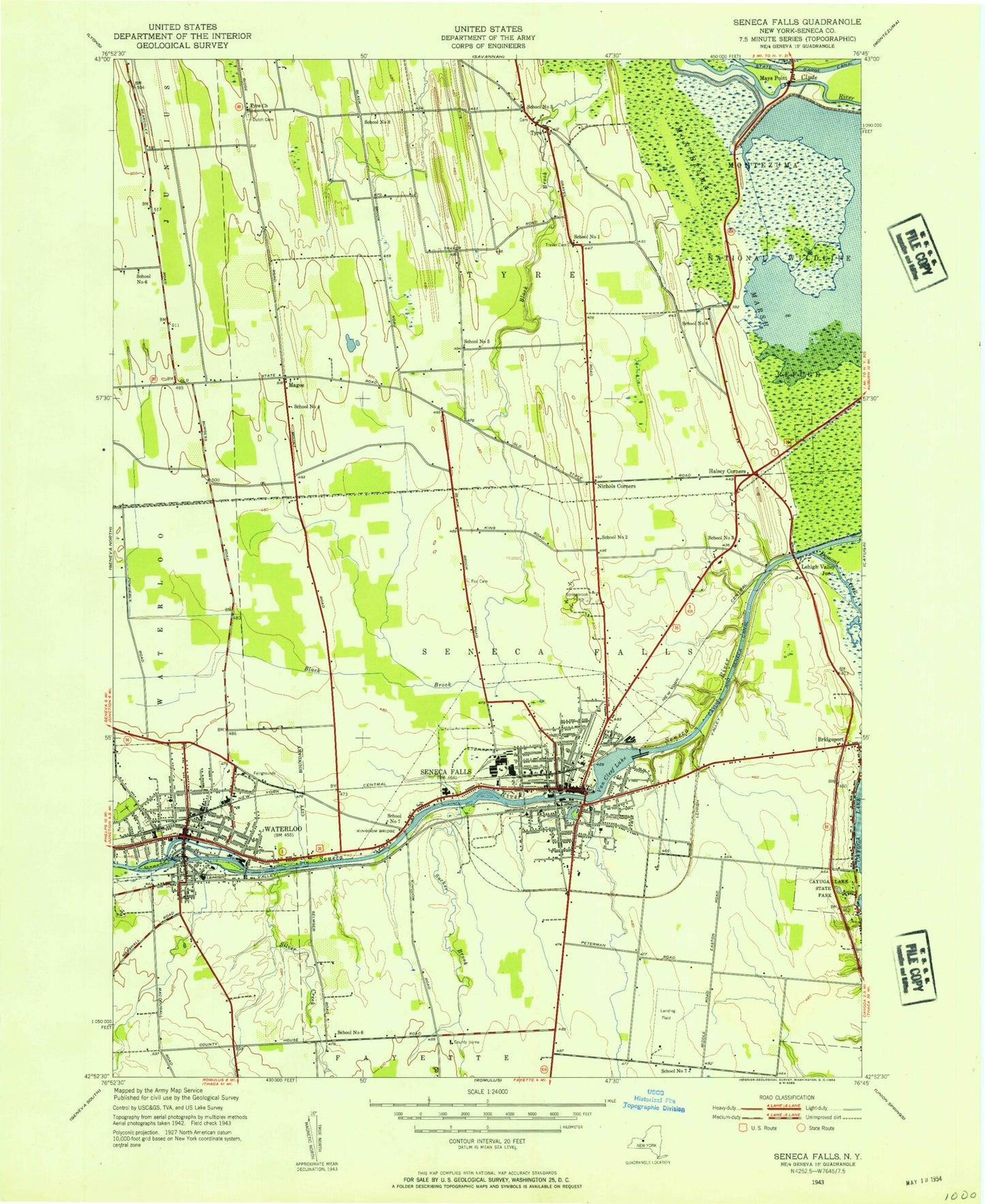 Classic USGS Seneca Falls New York 7.5'x7.5' Topo Map Image