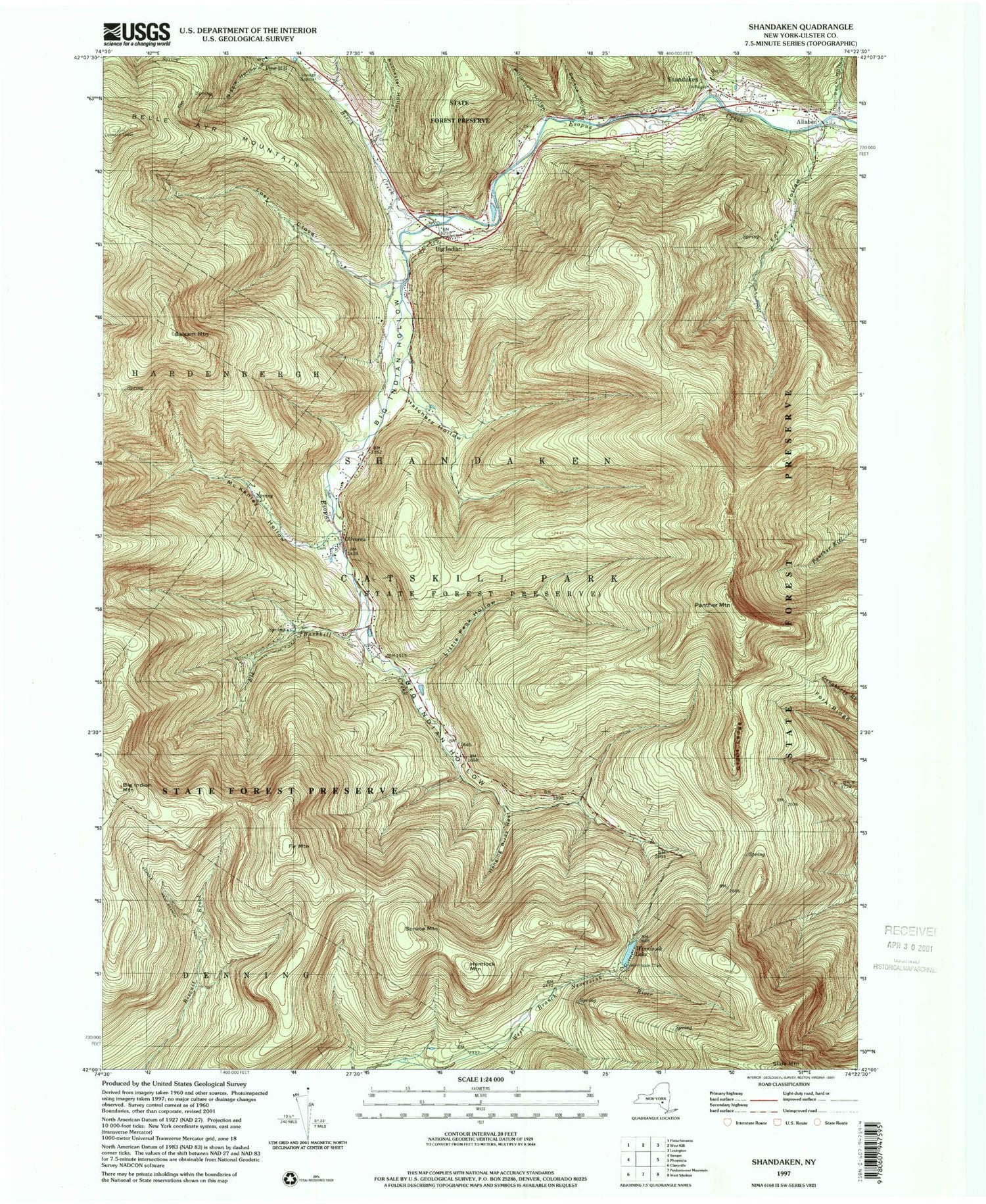 USGS Classic Shandaken New York 7.5'x7.5' Topo Map Image