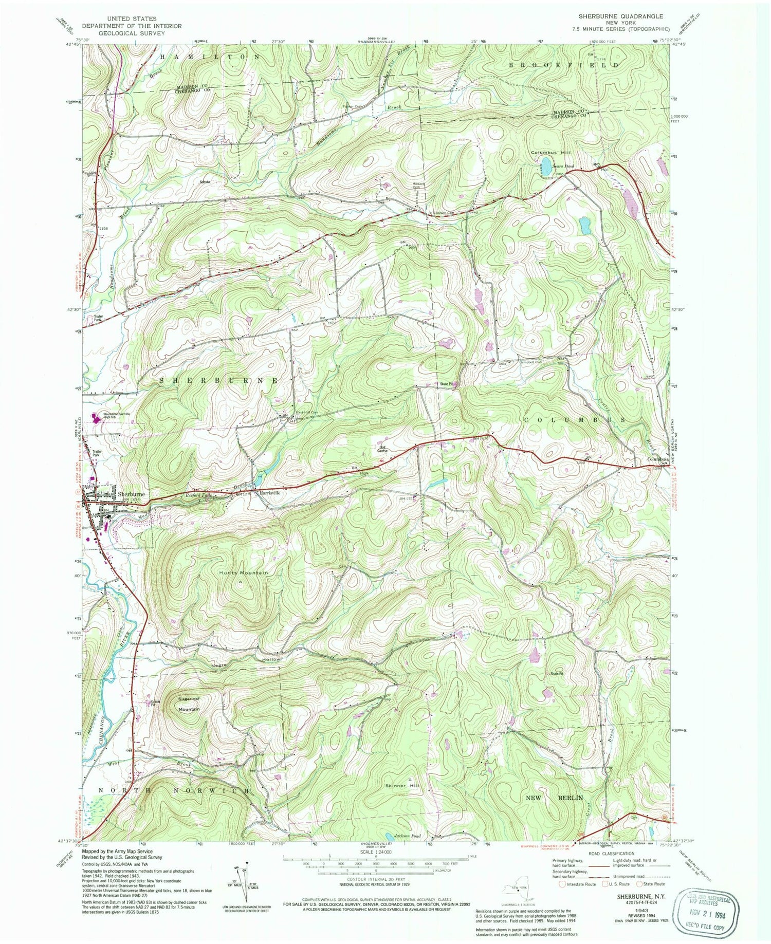 Classic USGS Sherburne New York 7.5'x7.5' Topo Map Image