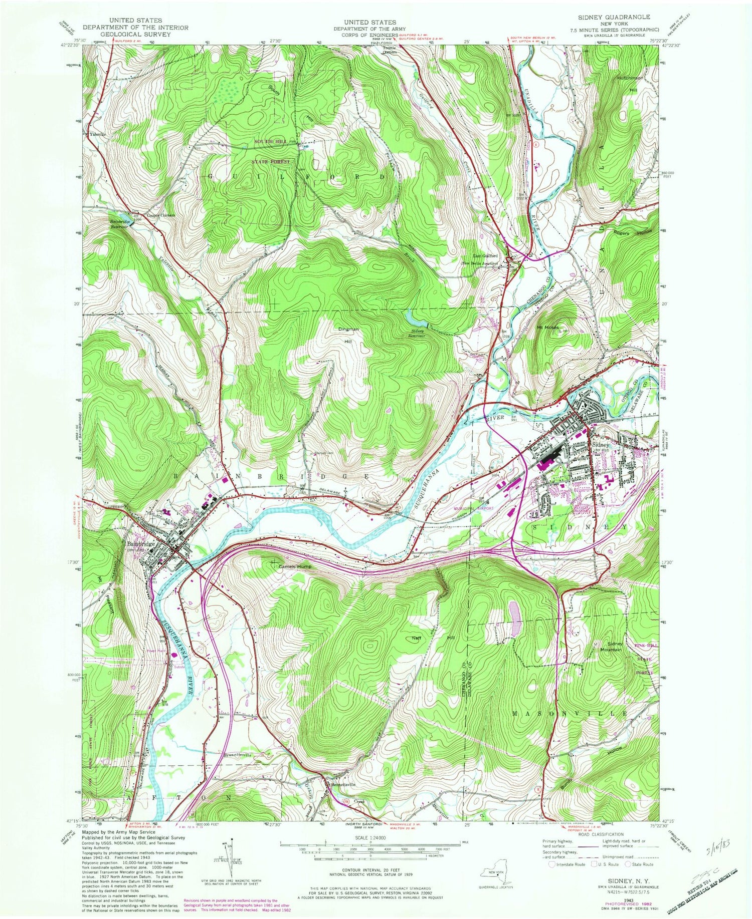 Classic USGS Sidney New York 7.5'x7.5' Topo Map Image