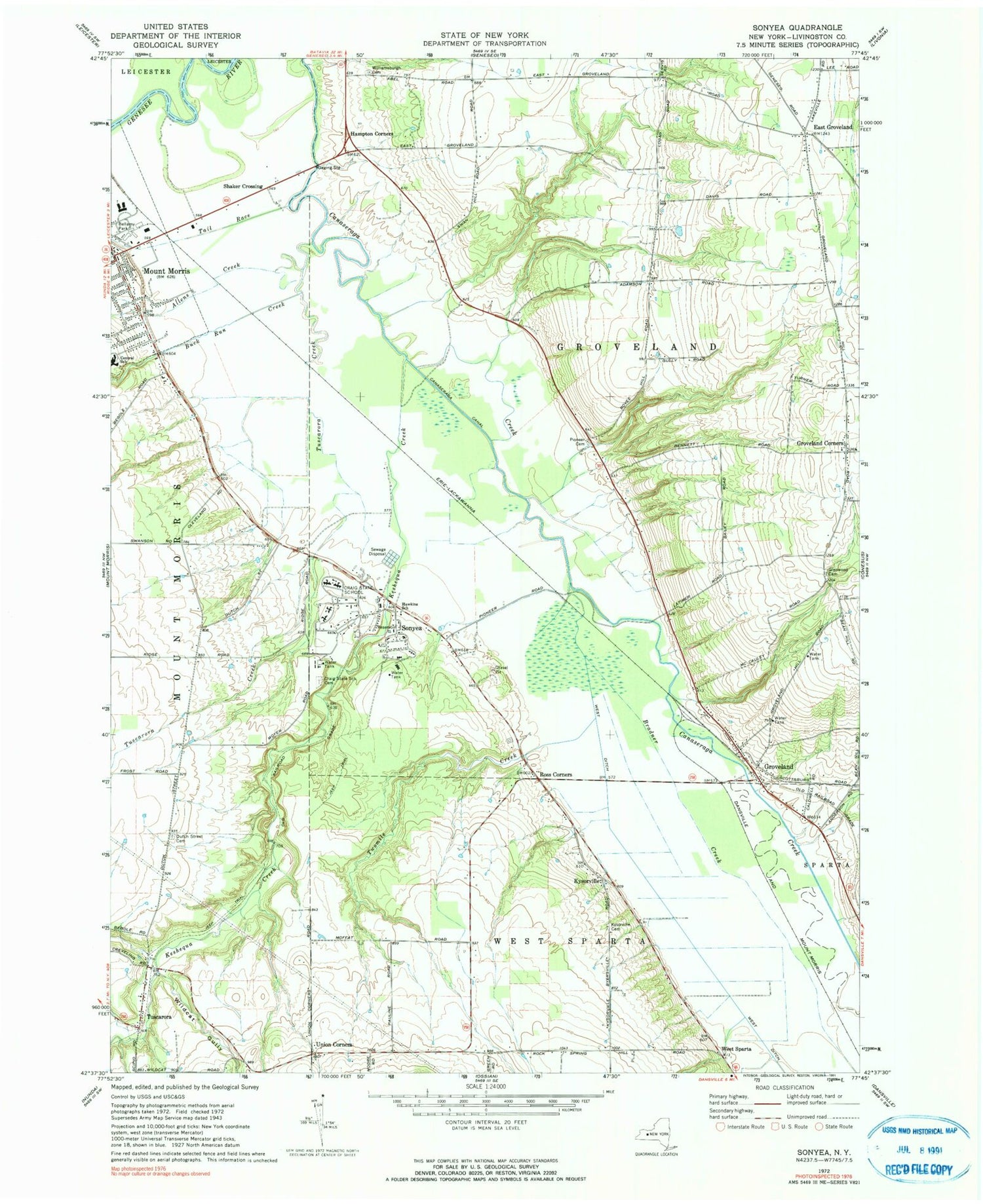 Classic USGS Sonyea New York 7.5'x7.5' Topo Map Image