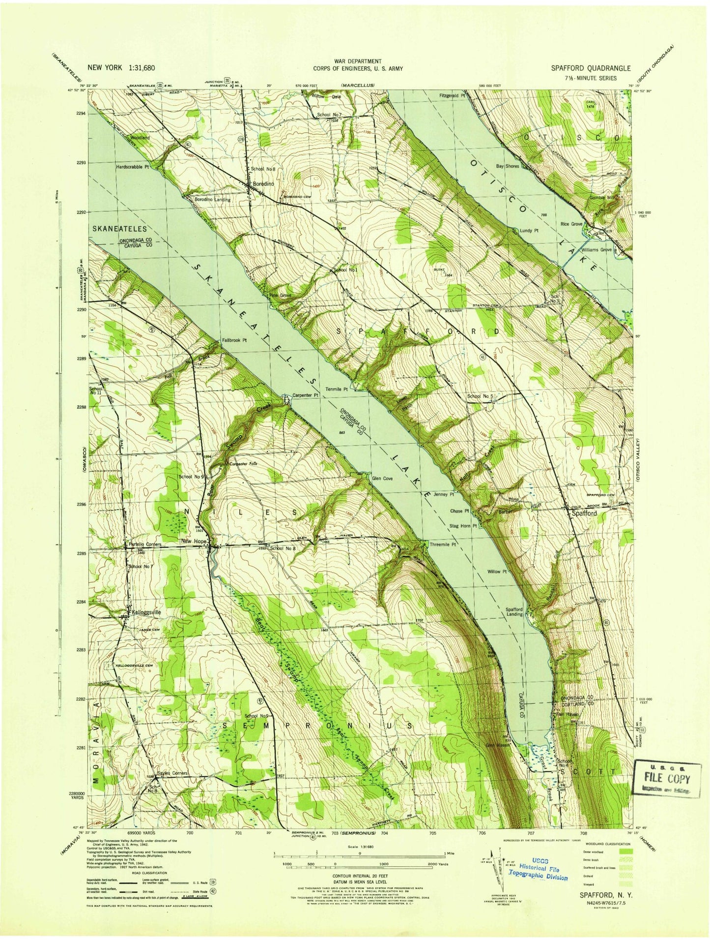 Classic USGS Spafford New York 7.5'x7.5' Topo Map Image