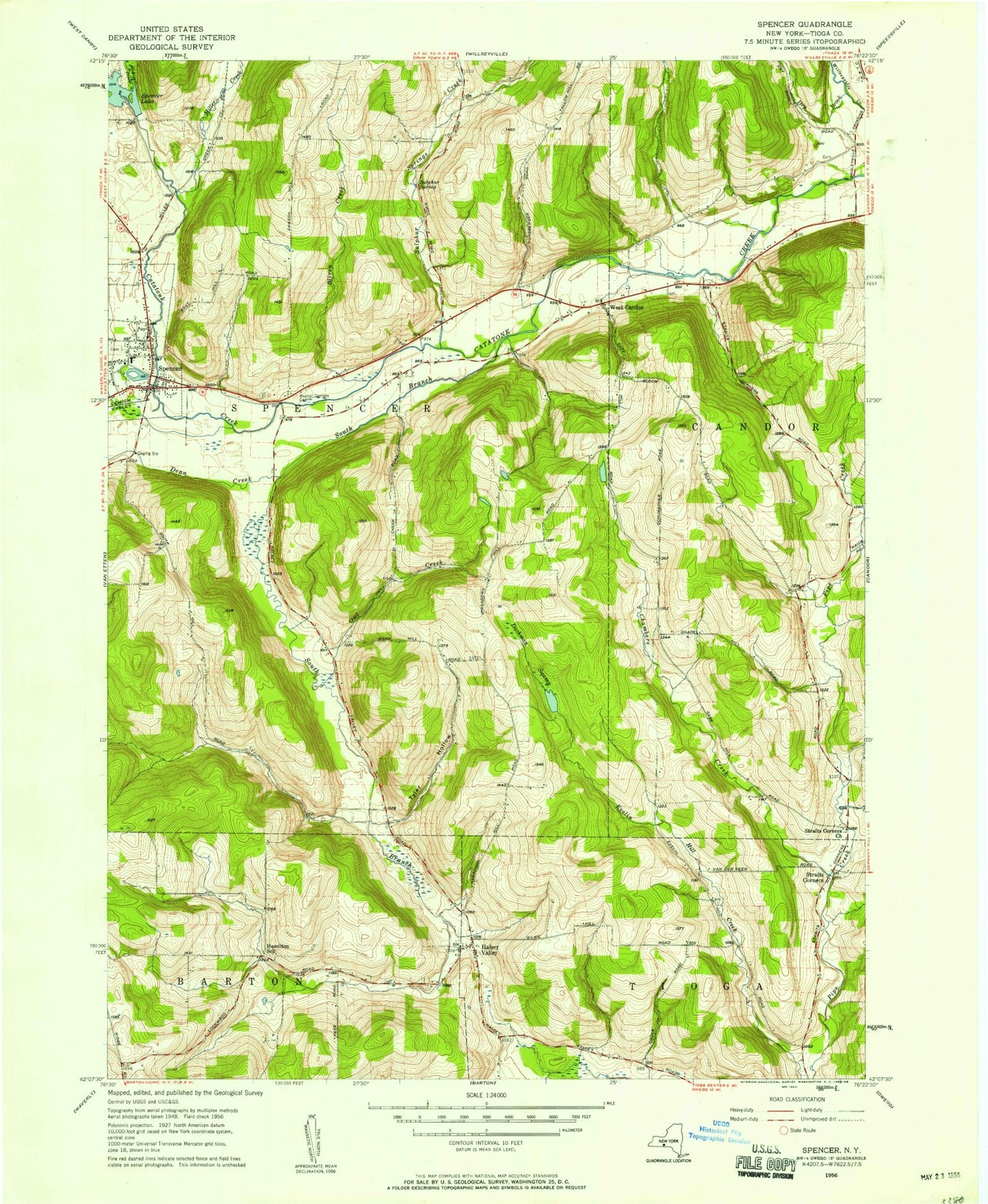 Classic USGS Spencer New York 7.5'x7.5' Topo Map Image