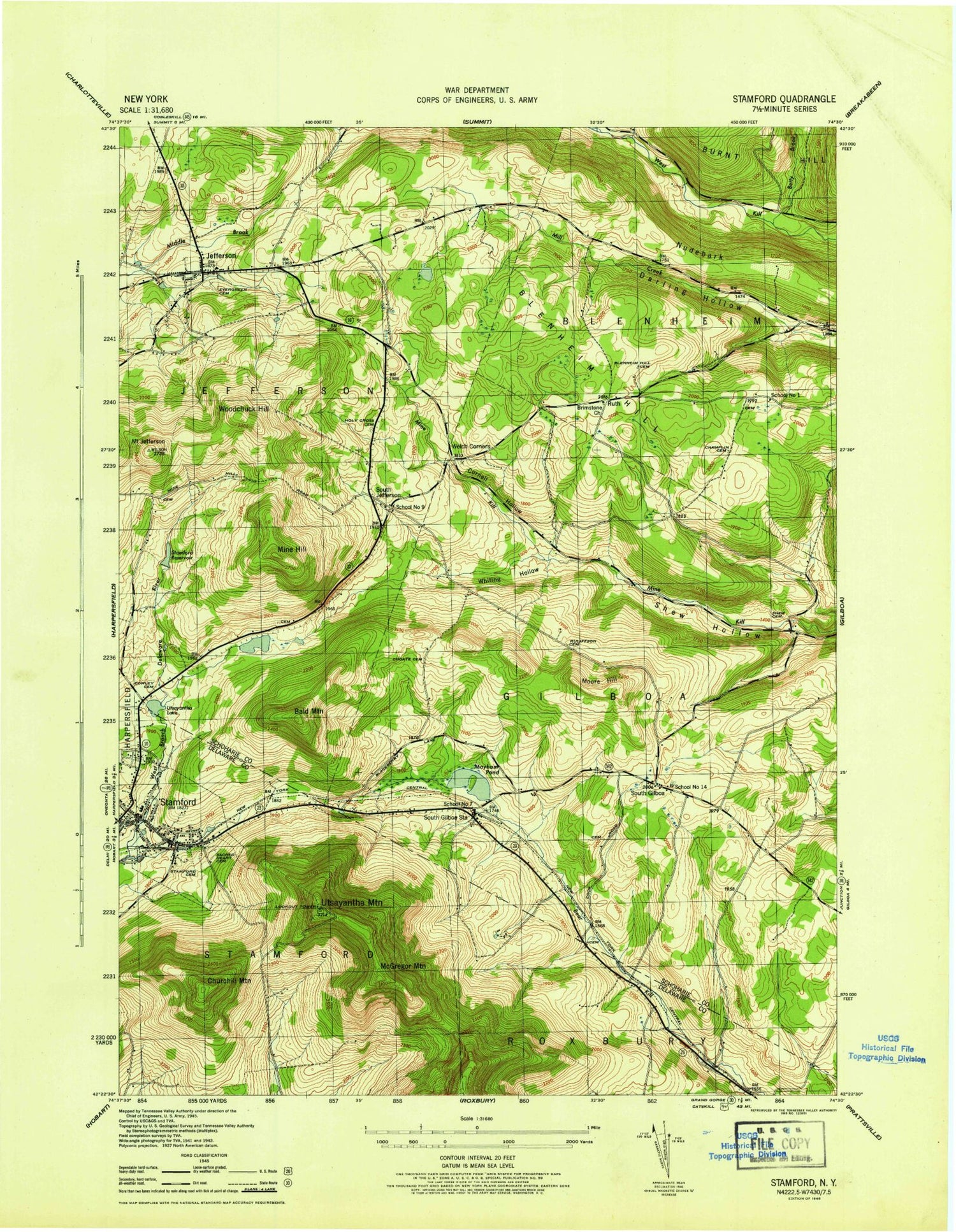 Classic USGS Stamford New York 7.5'x7.5' Topo Map Image