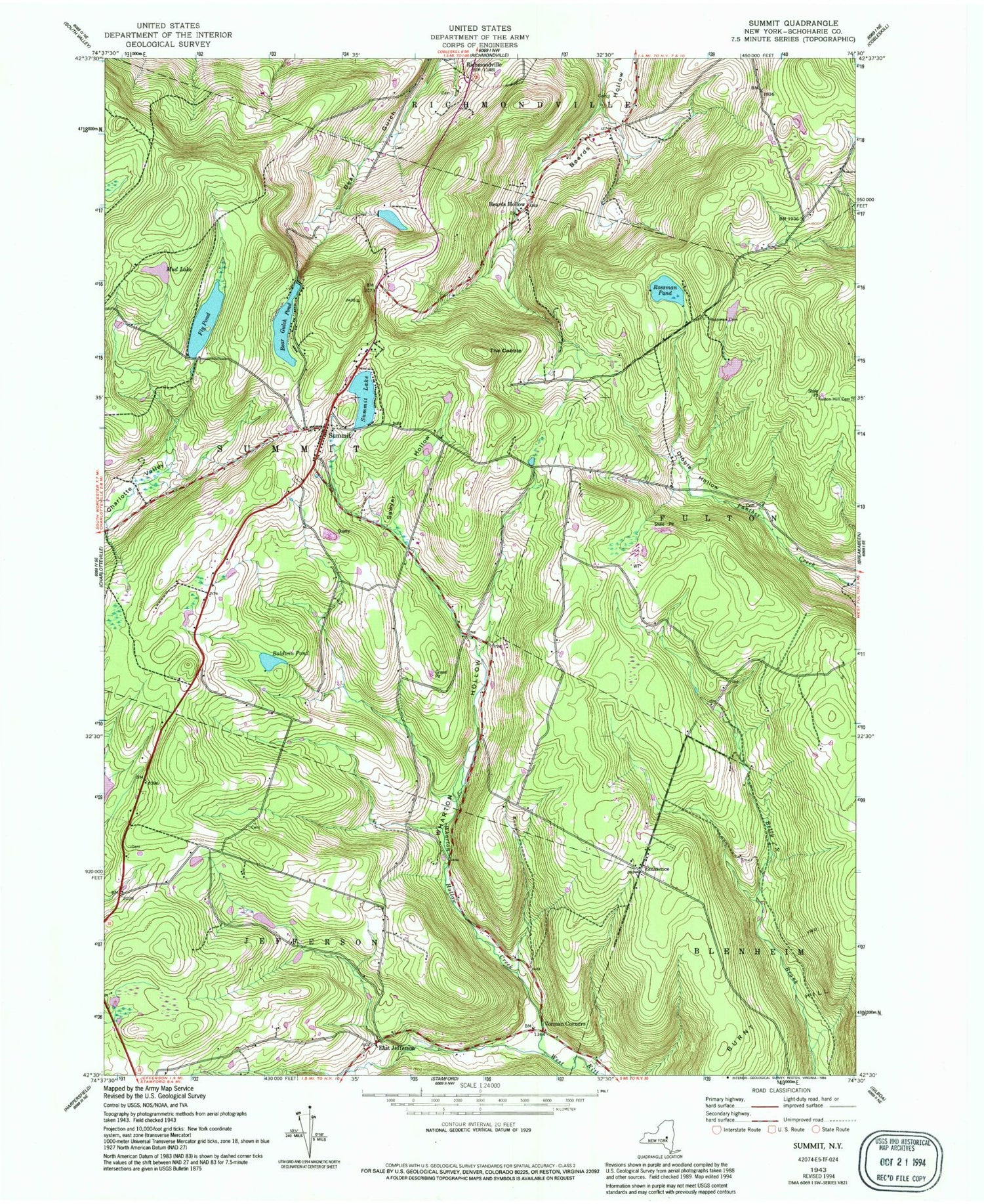 Classic USGS Summit New York 7.5'x7.5' Topo Map Image
