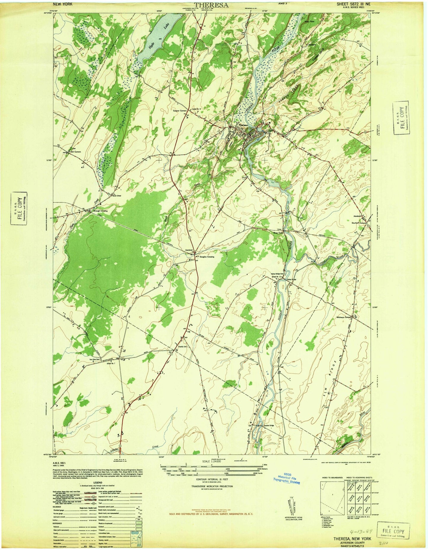 Classic USGS Theresa New York 7.5'x7.5' Topo Map Image