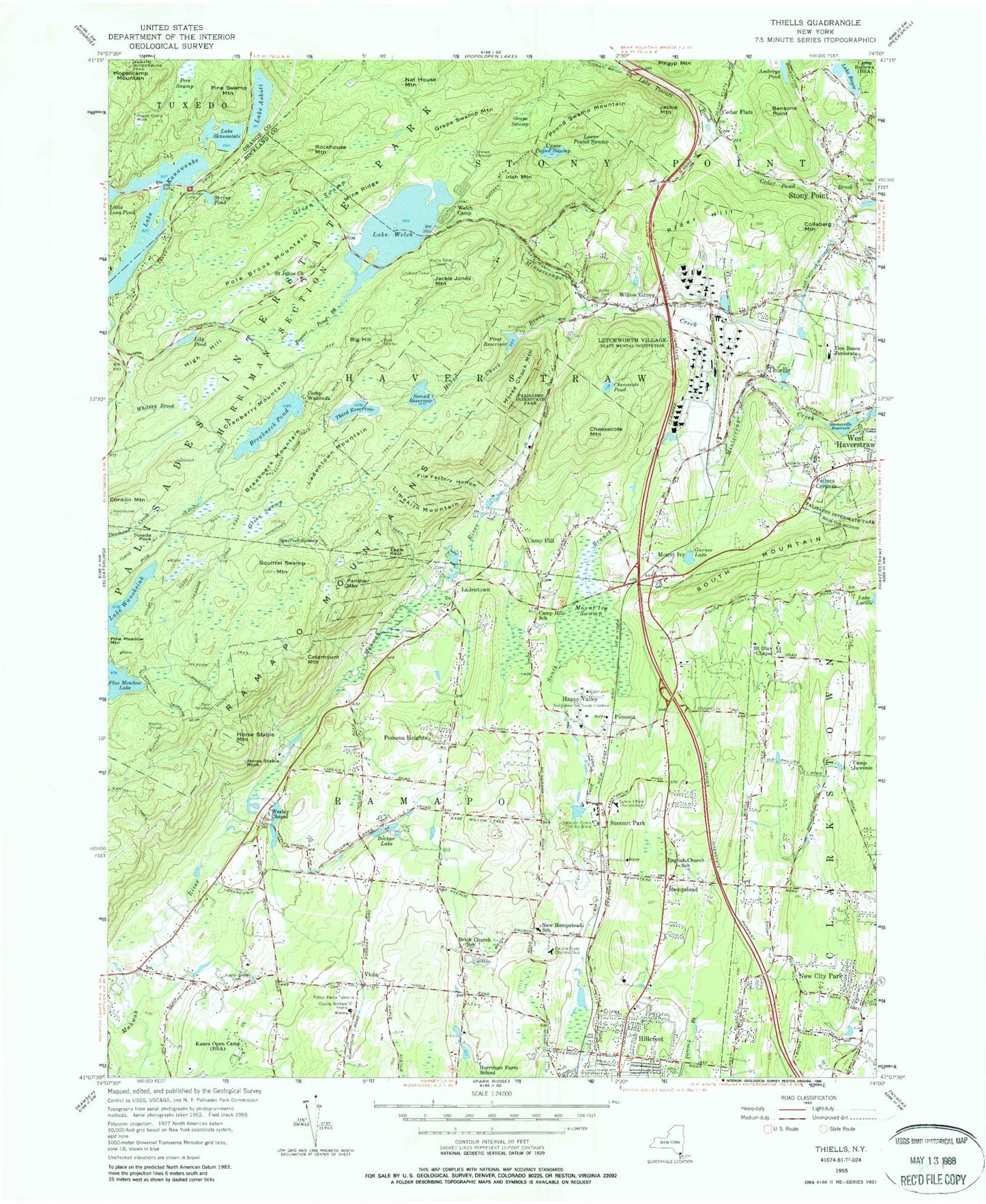 Classic USGS Thiells New York 7.5'x7.5' Topo Map Image