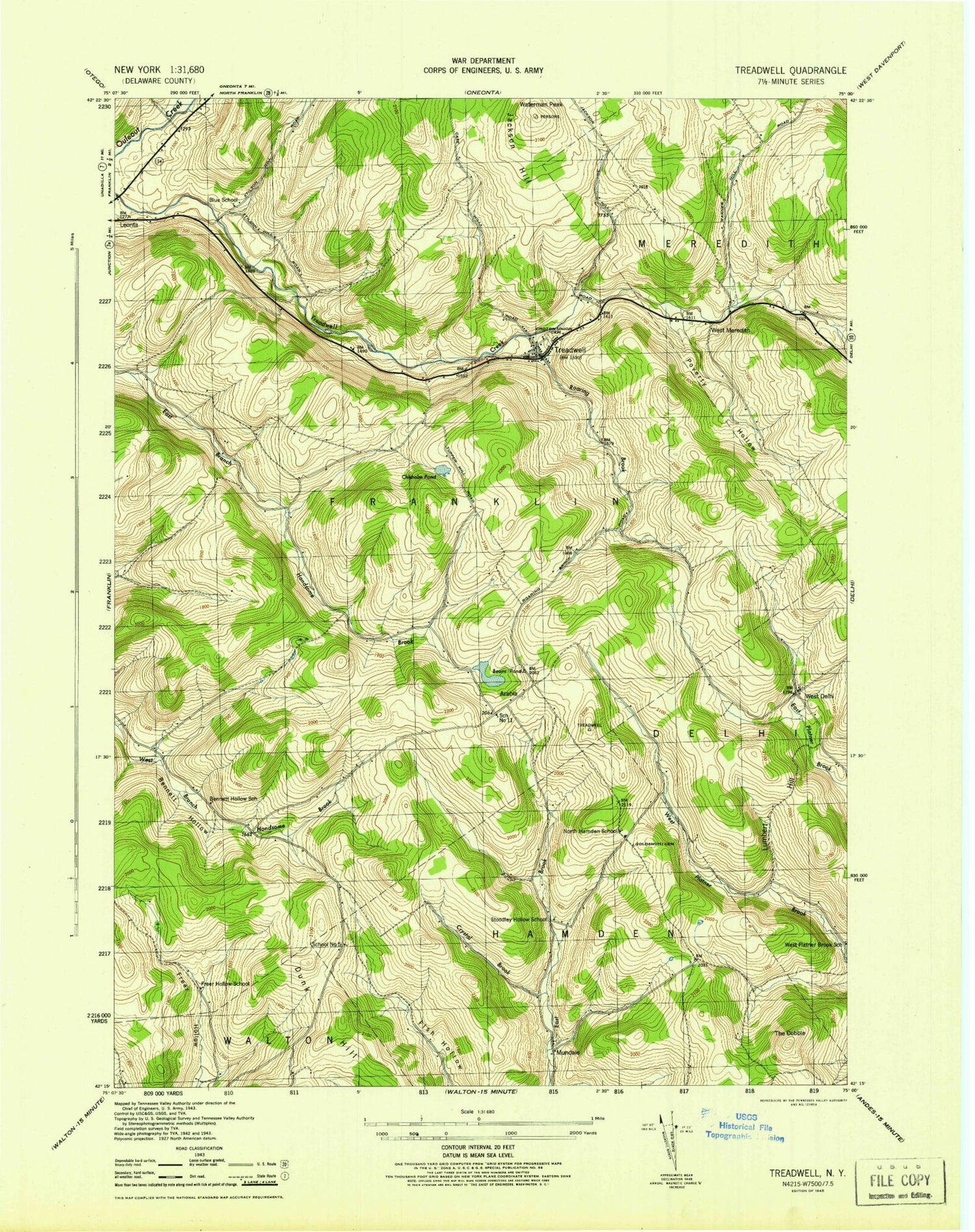 Classic USGS Treadwell New York 7.5'x7.5' Topo Map Image