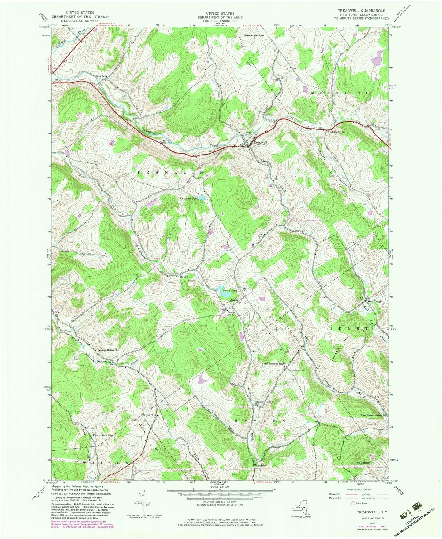 Classic USGS Treadwell New York 7.5'x7.5' Topo Map Image