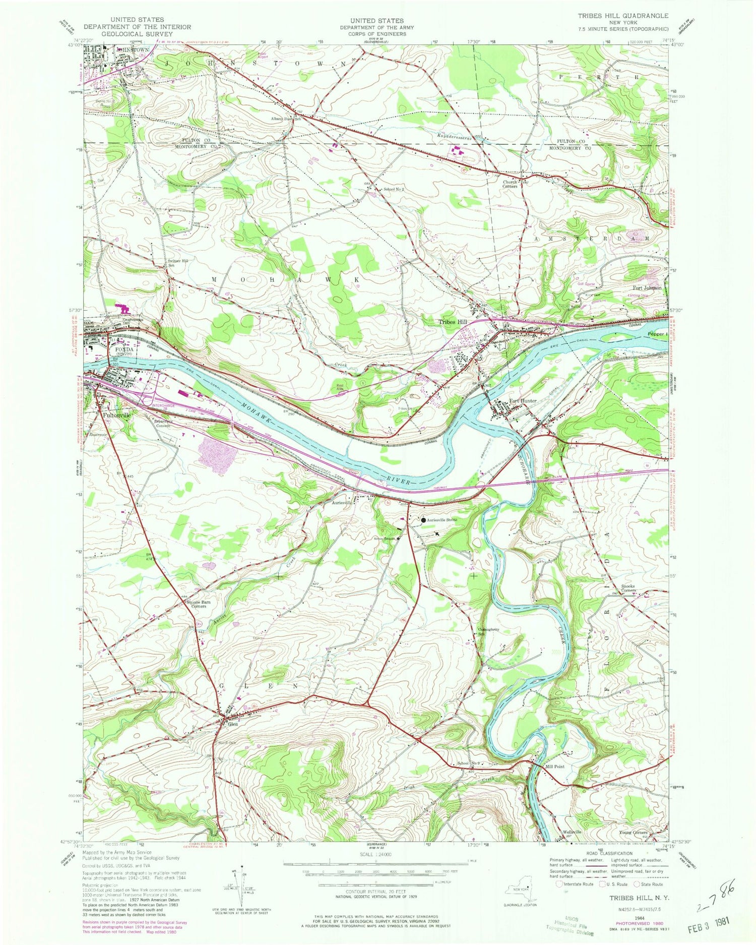 Classic USGS Tribes Hill New York 7.5'x7.5' Topo Map Image