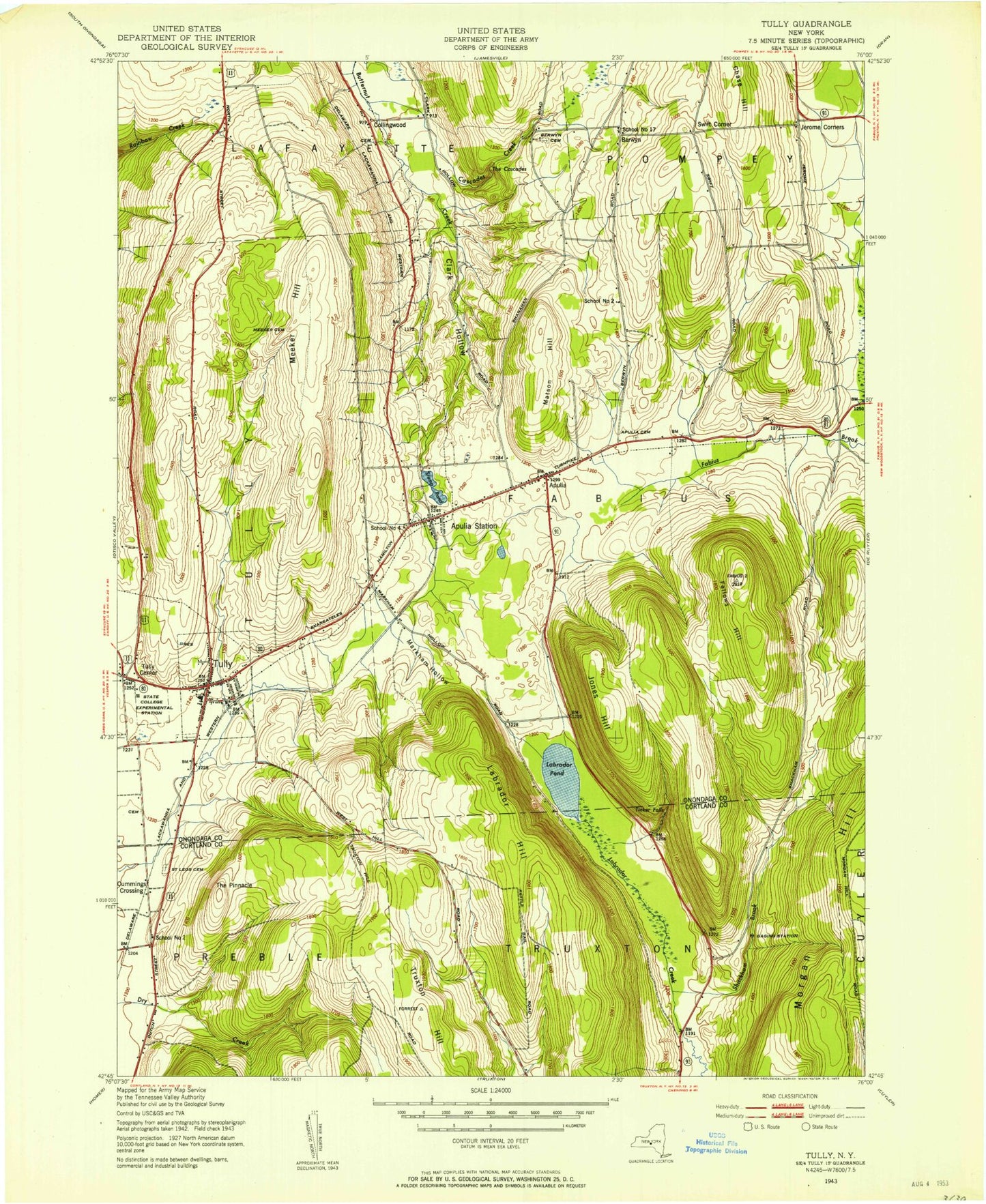 Classic USGS Tully New York 7.5'x7.5' Topo Map Image