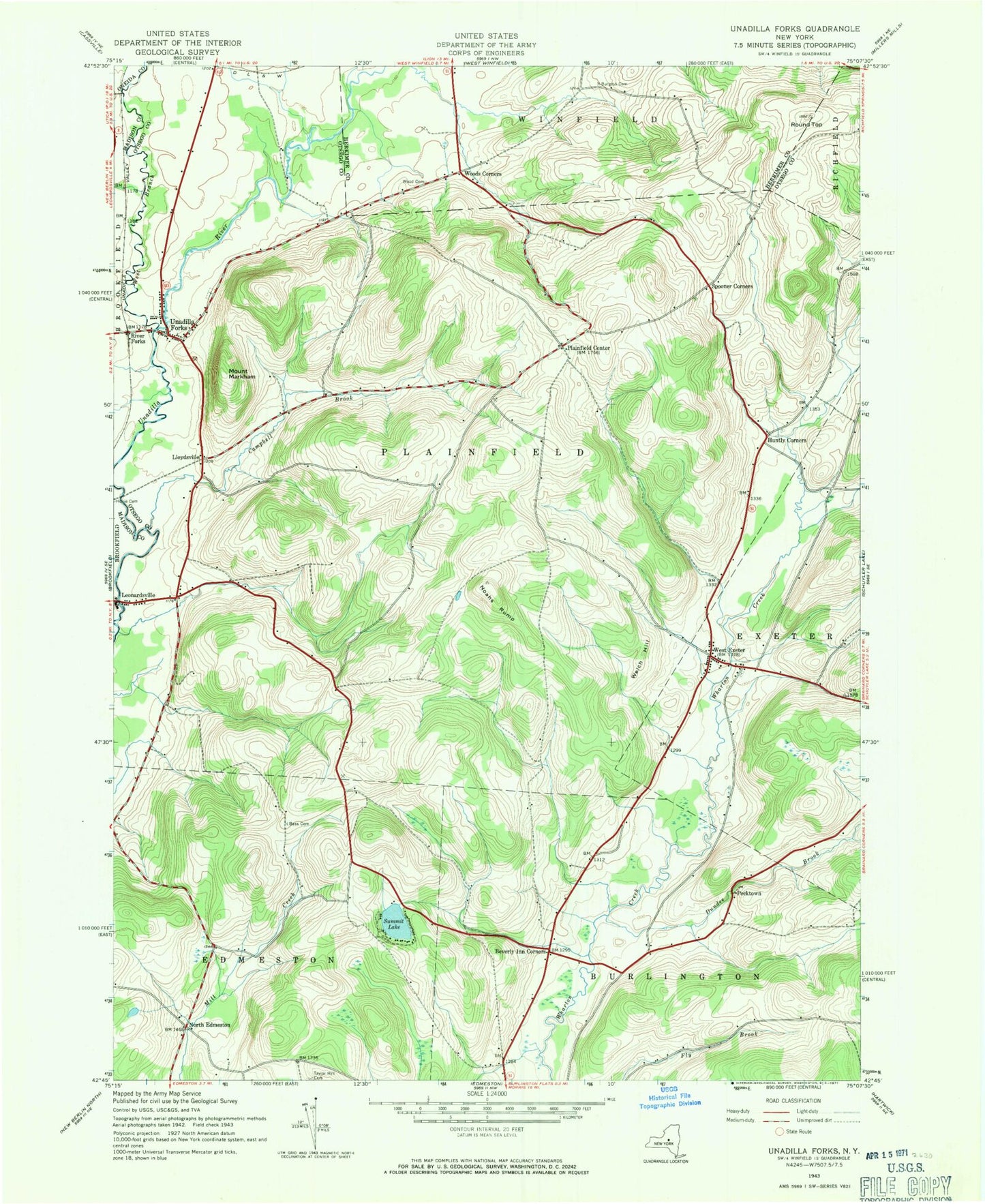 Classic USGS Unadilla Forks New York 7.5'x7.5' Topo Map Image