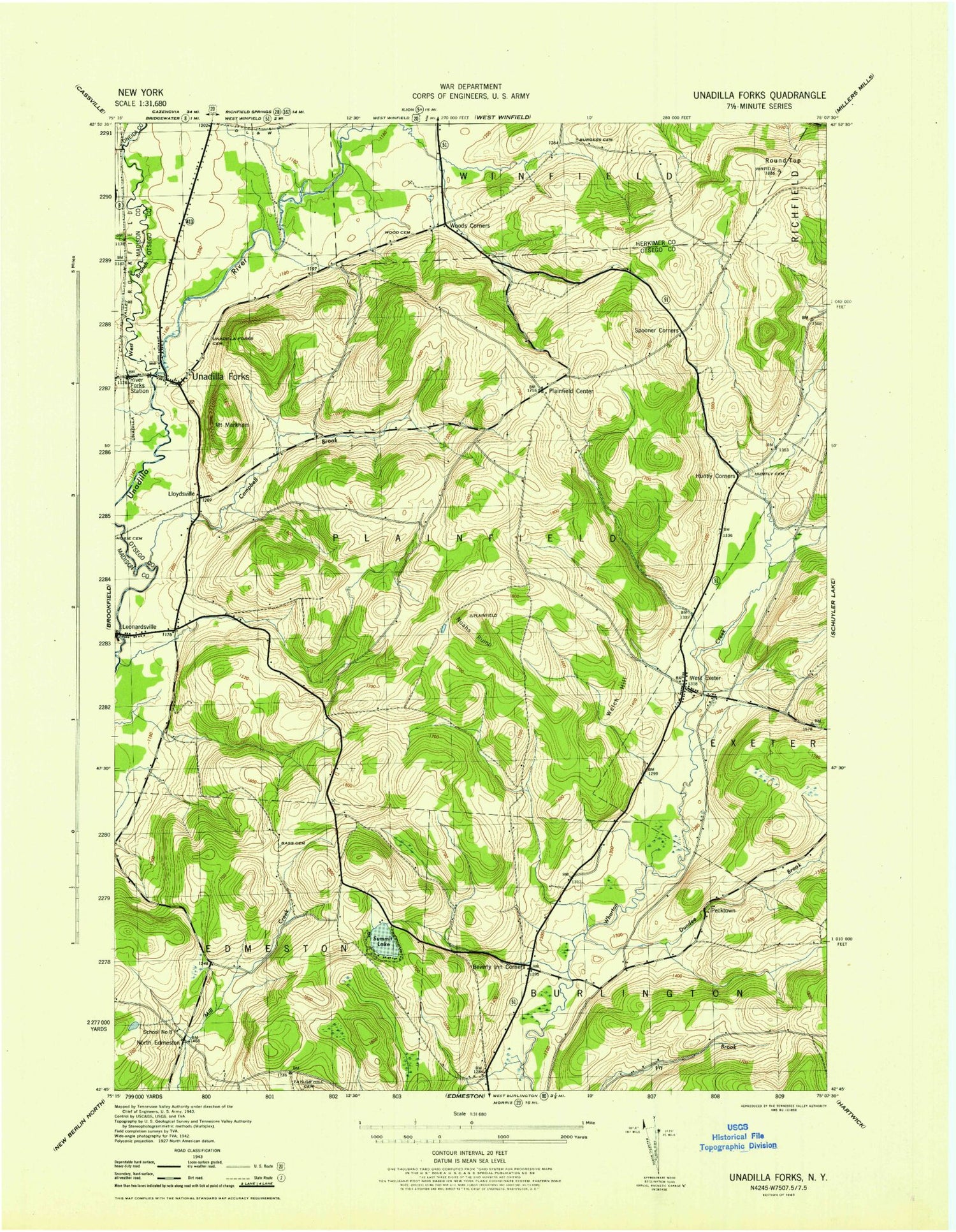 Classic USGS Unadilla Forks New York 7.5'x7.5' Topo Map Image