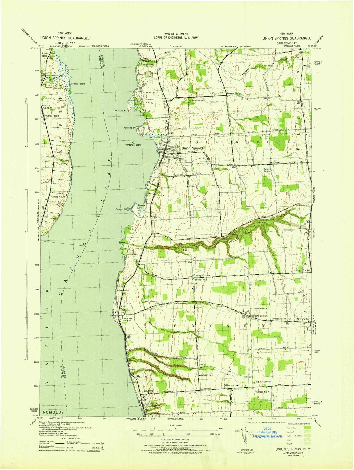 Classic USGS Union Springs New York 7.5'x7.5' Topo Map Image