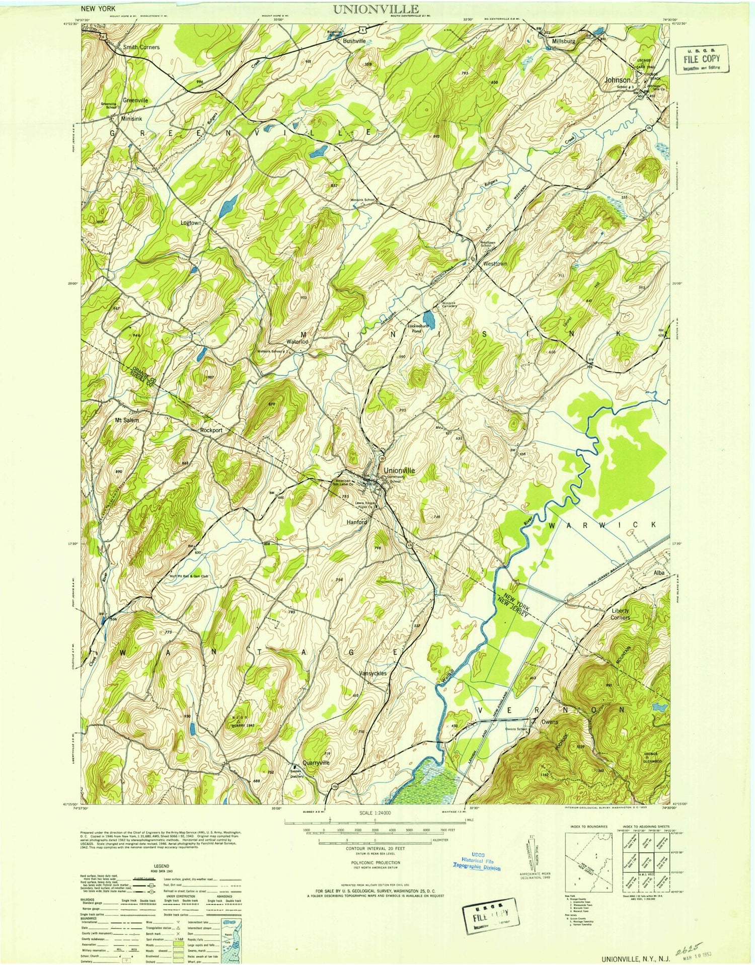 Classic USGS Unionville New York 7.5'x7.5' Topo Map Image