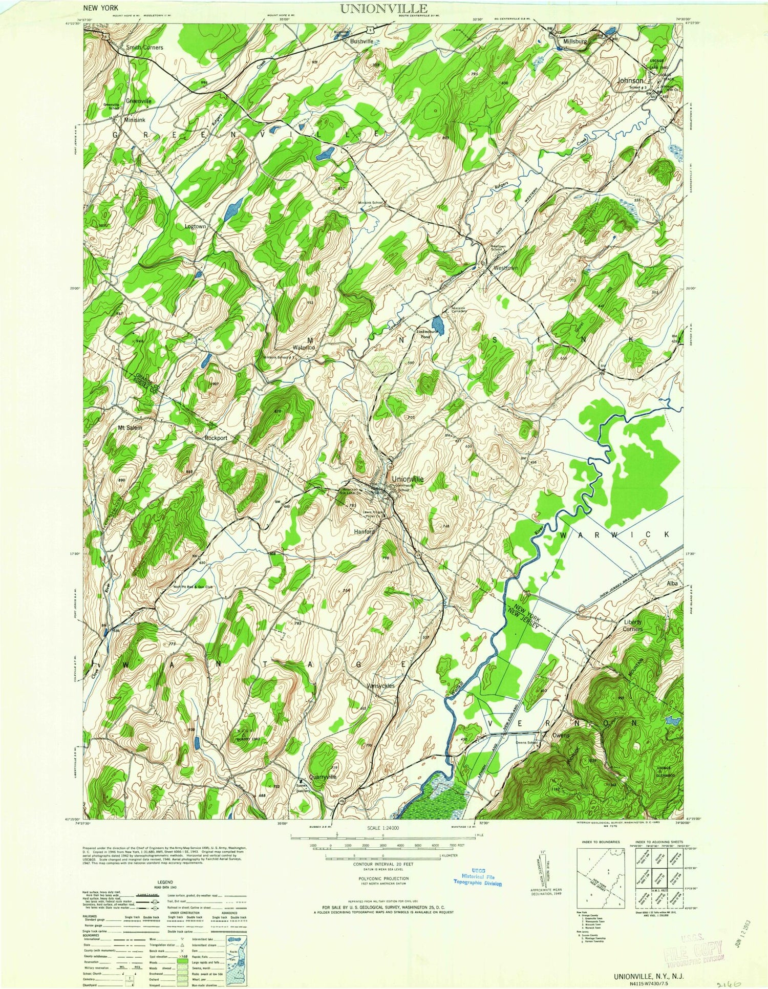 Classic USGS Unionville New York 7.5'x7.5' Topo Map Image