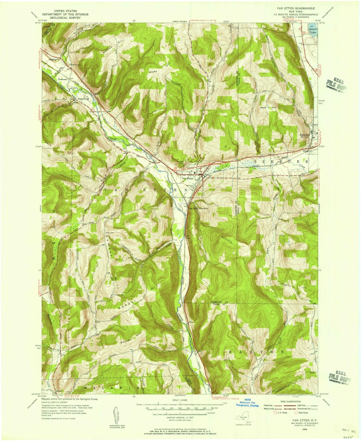 Classic USGS Van Etten New York 7.5'x7.5' Topo Map Image