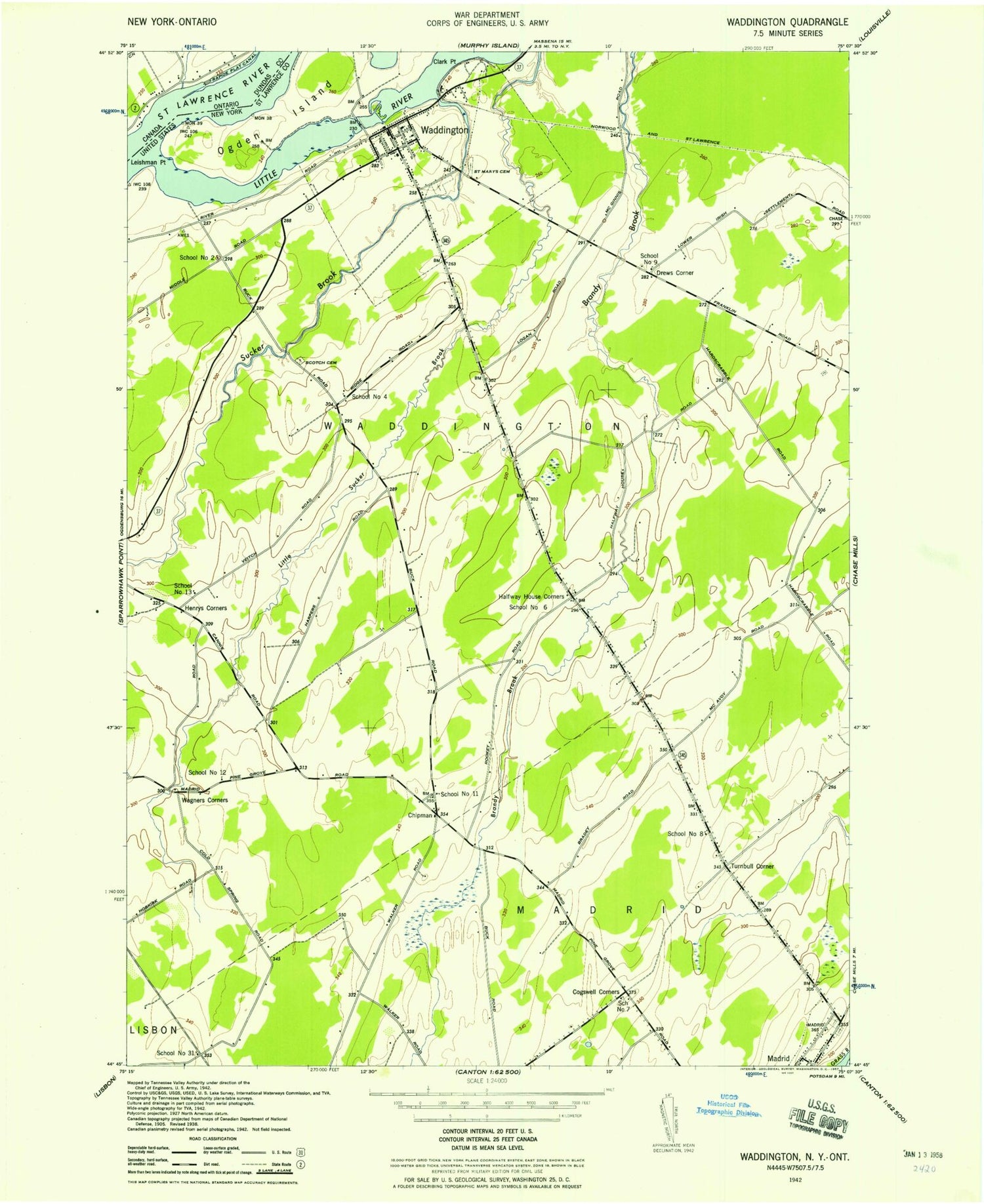 Classic USGS Waddington New York 7.5'x7.5' Topo Map Image