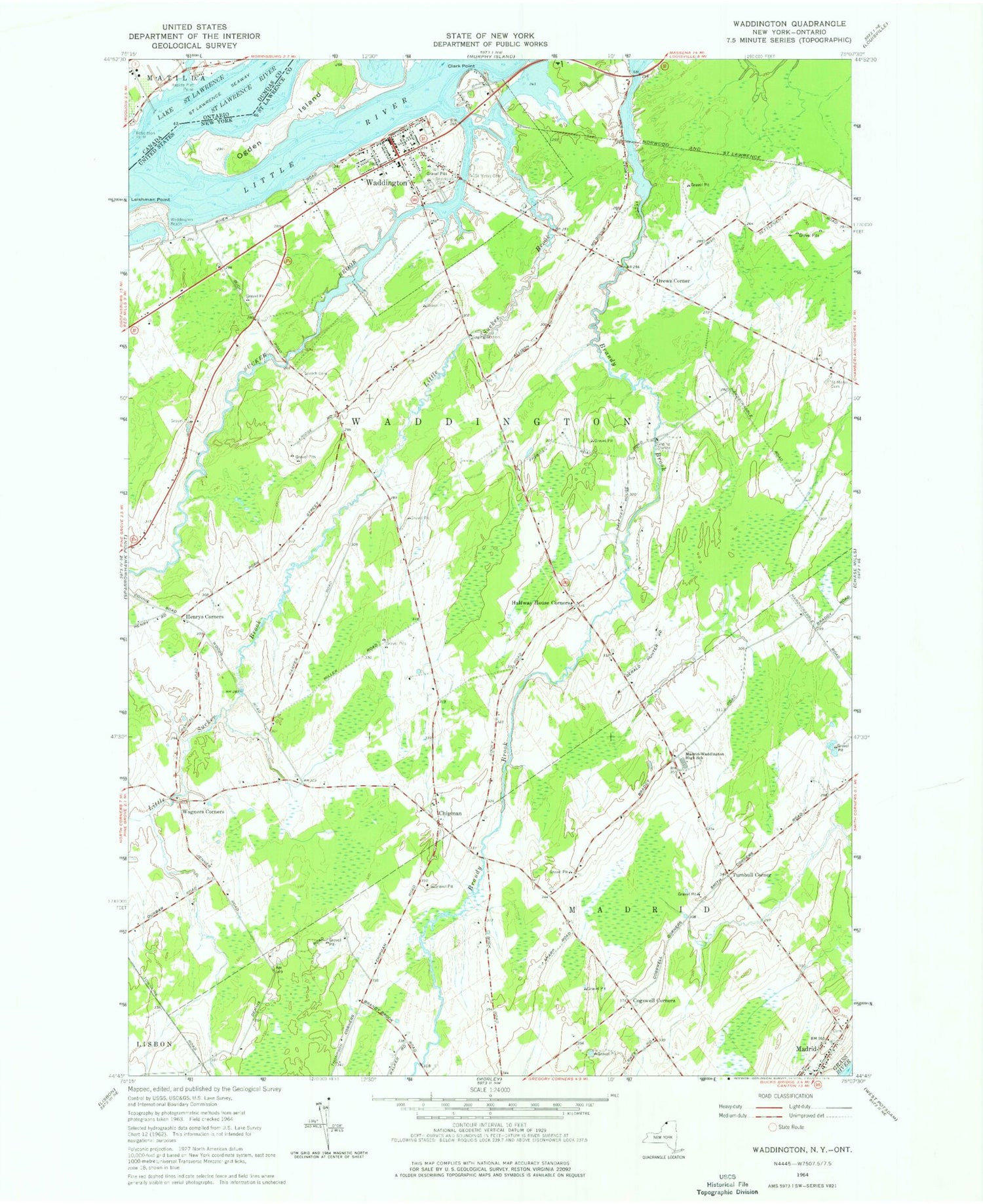 Classic USGS Waddington New York 7.5'x7.5' Topo Map Image