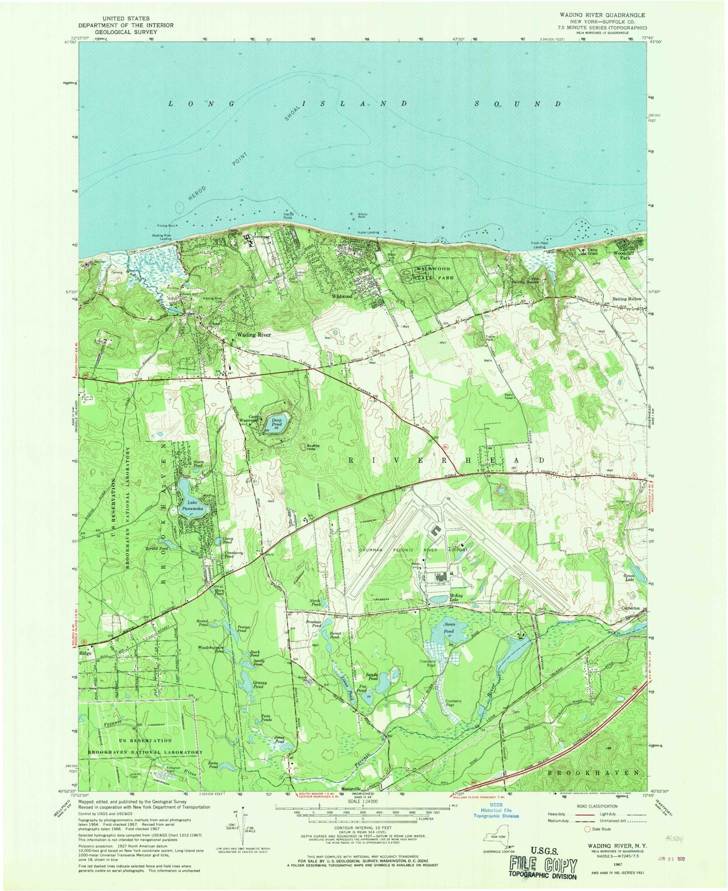 Classic USGS Wading River New York 7.5'x7.5' Topo Map Image