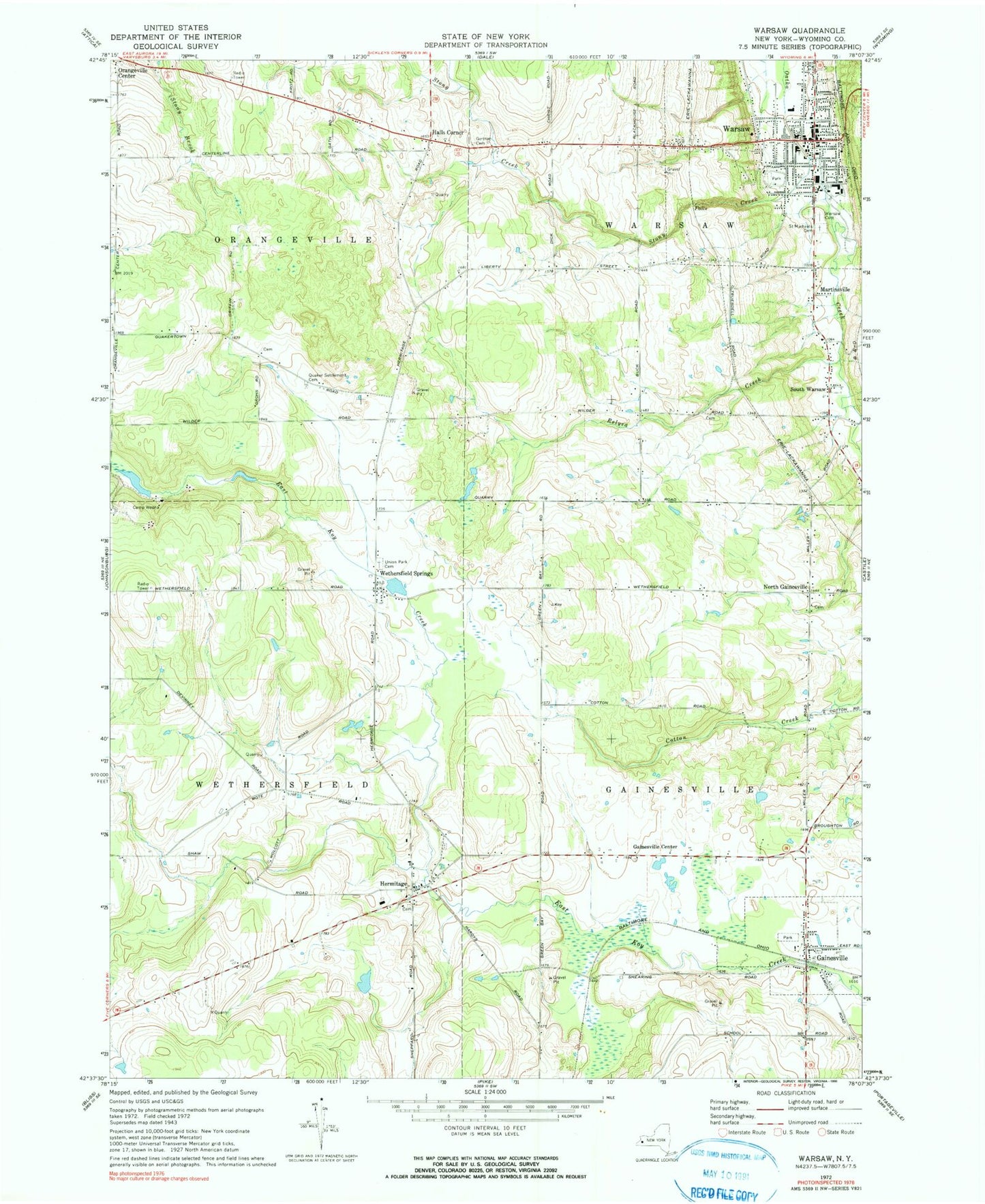 Classic USGS Warsaw New York 7.5'x7.5' Topo Map Image