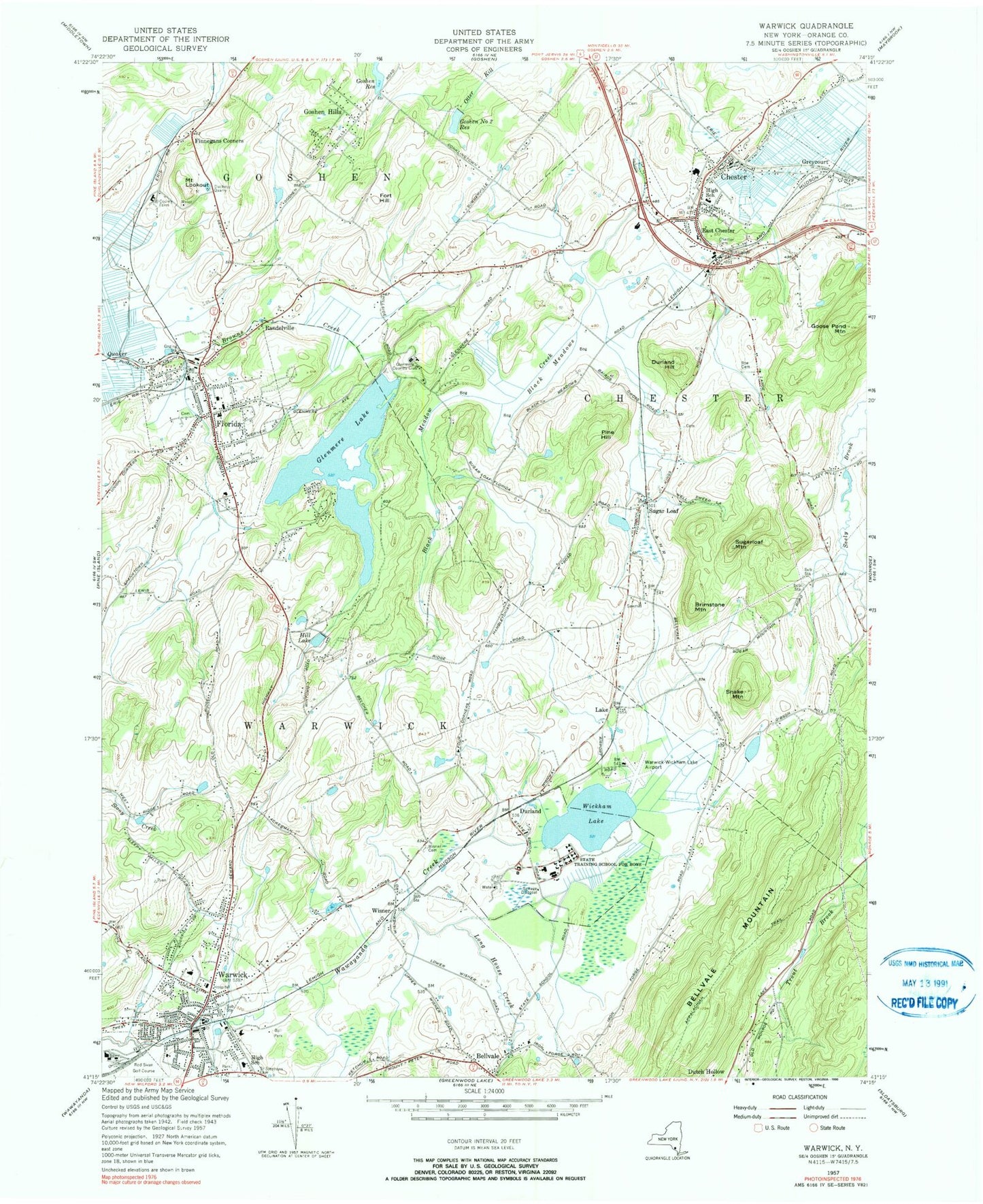 Classic USGS Warwick New York 7.5'x7.5' Topo Map Image