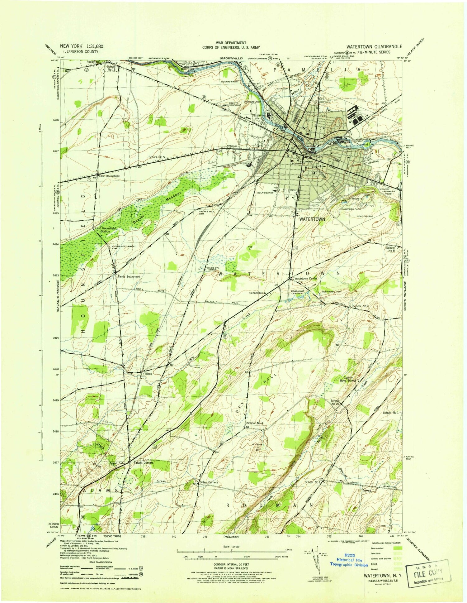 Classic USGS Watertown New York 7.5'x7.5' Topo Map Image