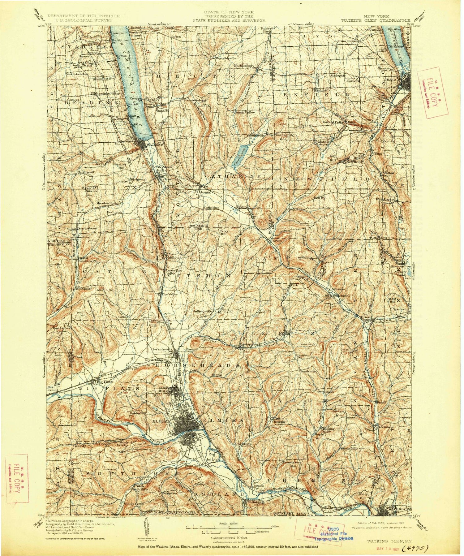 Historic 1905 Watkinsglen New York 30'x30' Topo Map Image