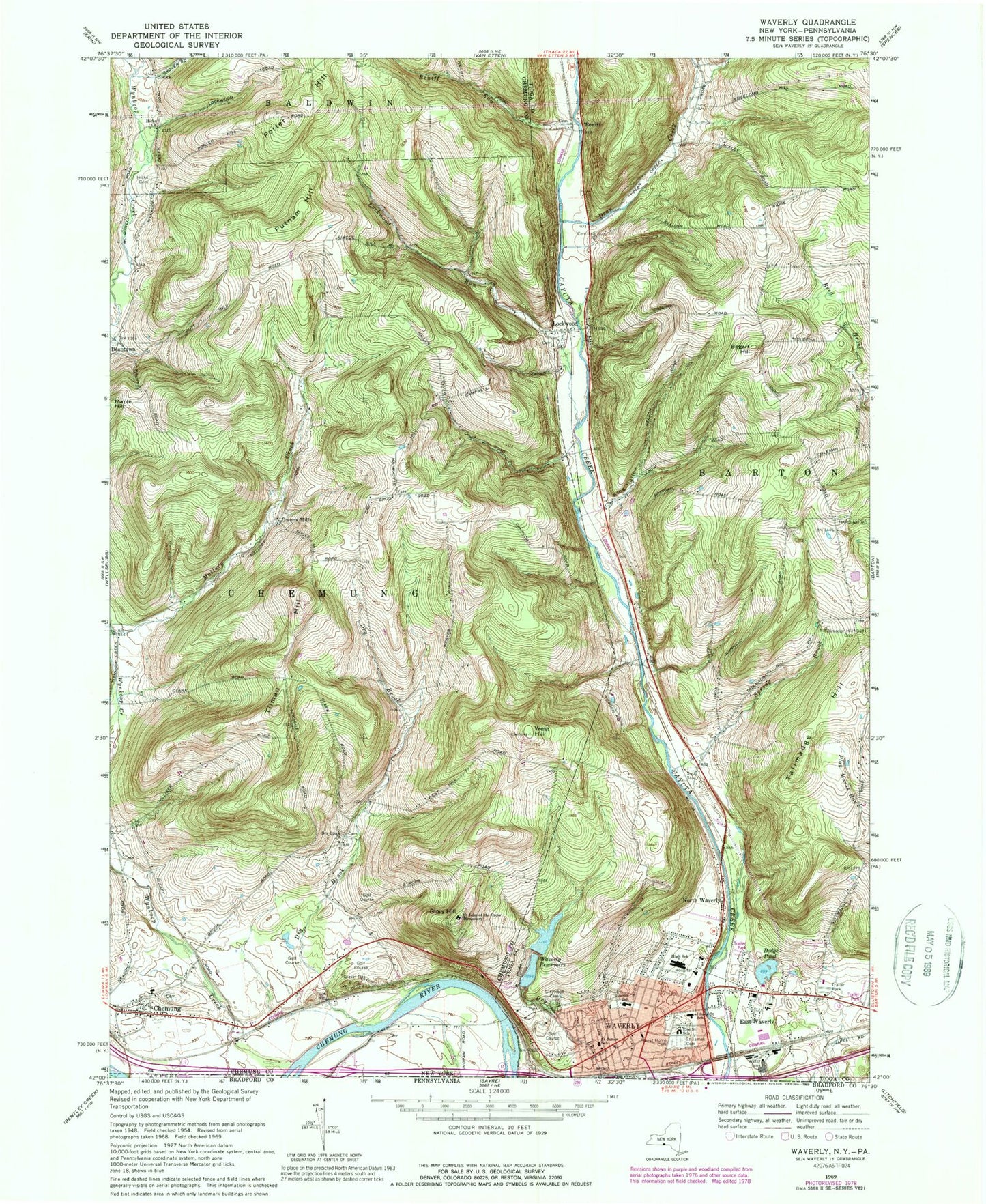 Classic USGS Waverly New York 7.5'x7.5' Topo Map Image
